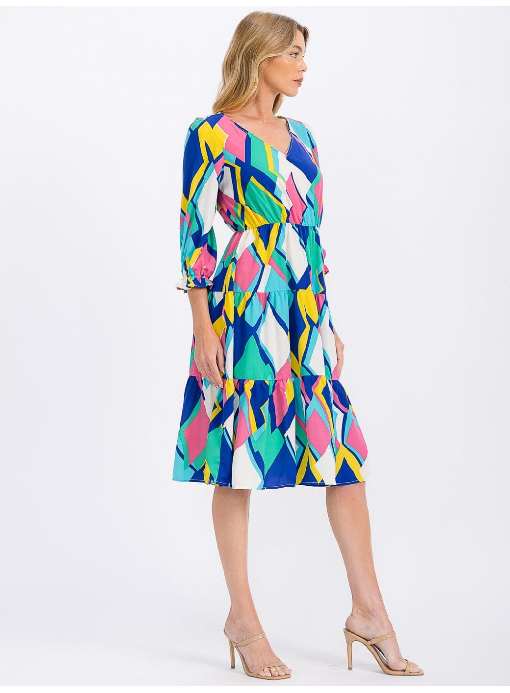 WOMEN'S 3/4 SLEEVE V-NECK ELASTIC WAIST MULTI PRINT MIDI DRESS