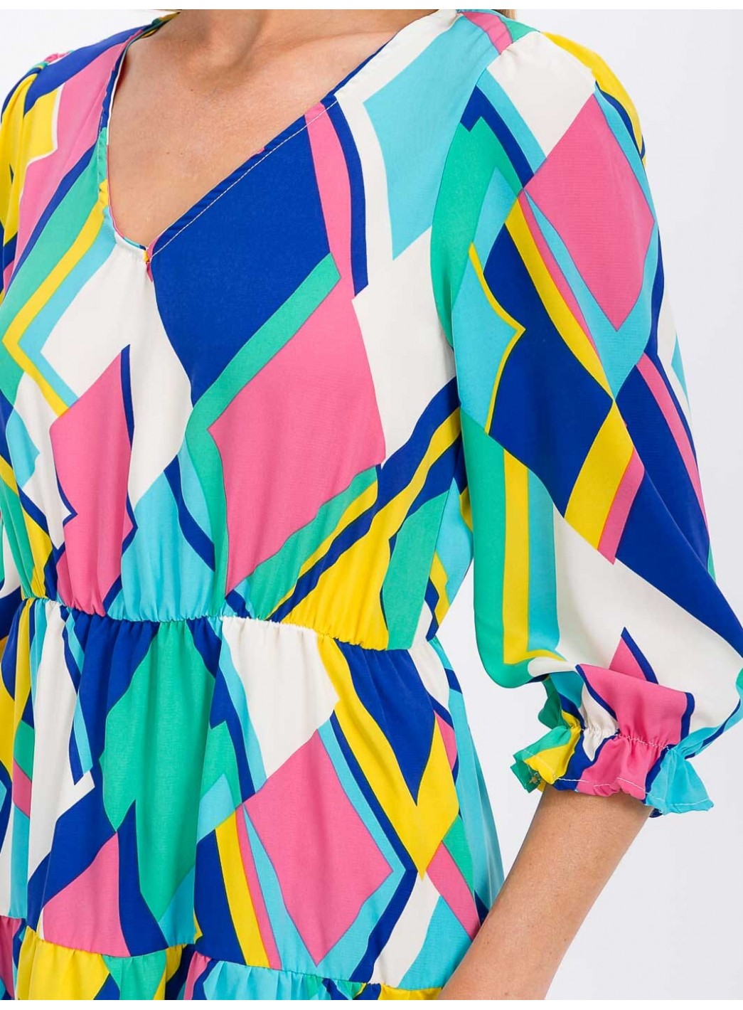 WOMEN'S 3/4 SLEEVE V-NECK ELASTIC WAIST MULTI PRINT MIDI DRESS