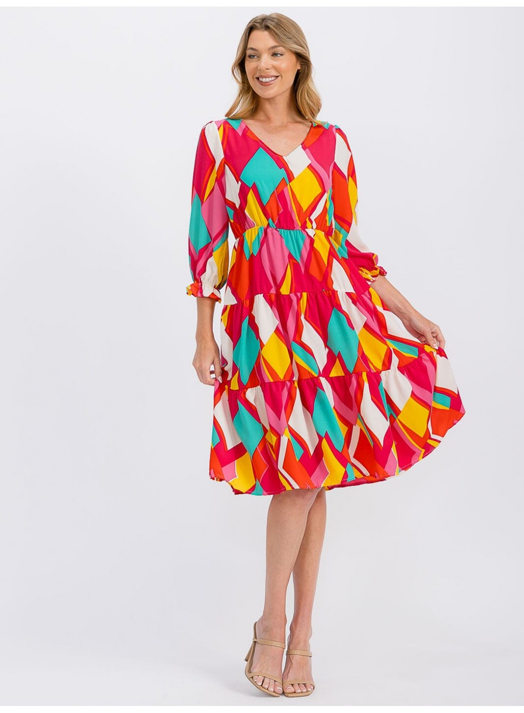 WOMEN'S 3/4 SLEEVE V-NECK ELASTIC WAIST MULTI PRINT MIDI DRESS