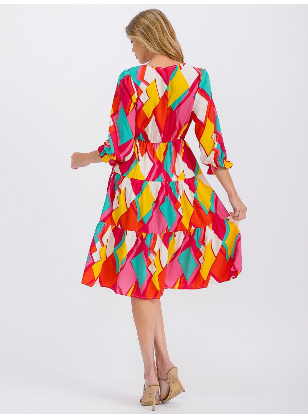 WOMEN'S 3/4 SLEEVE V-NECK ELASTIC WAIST MULTI PRINT MIDI DRESS