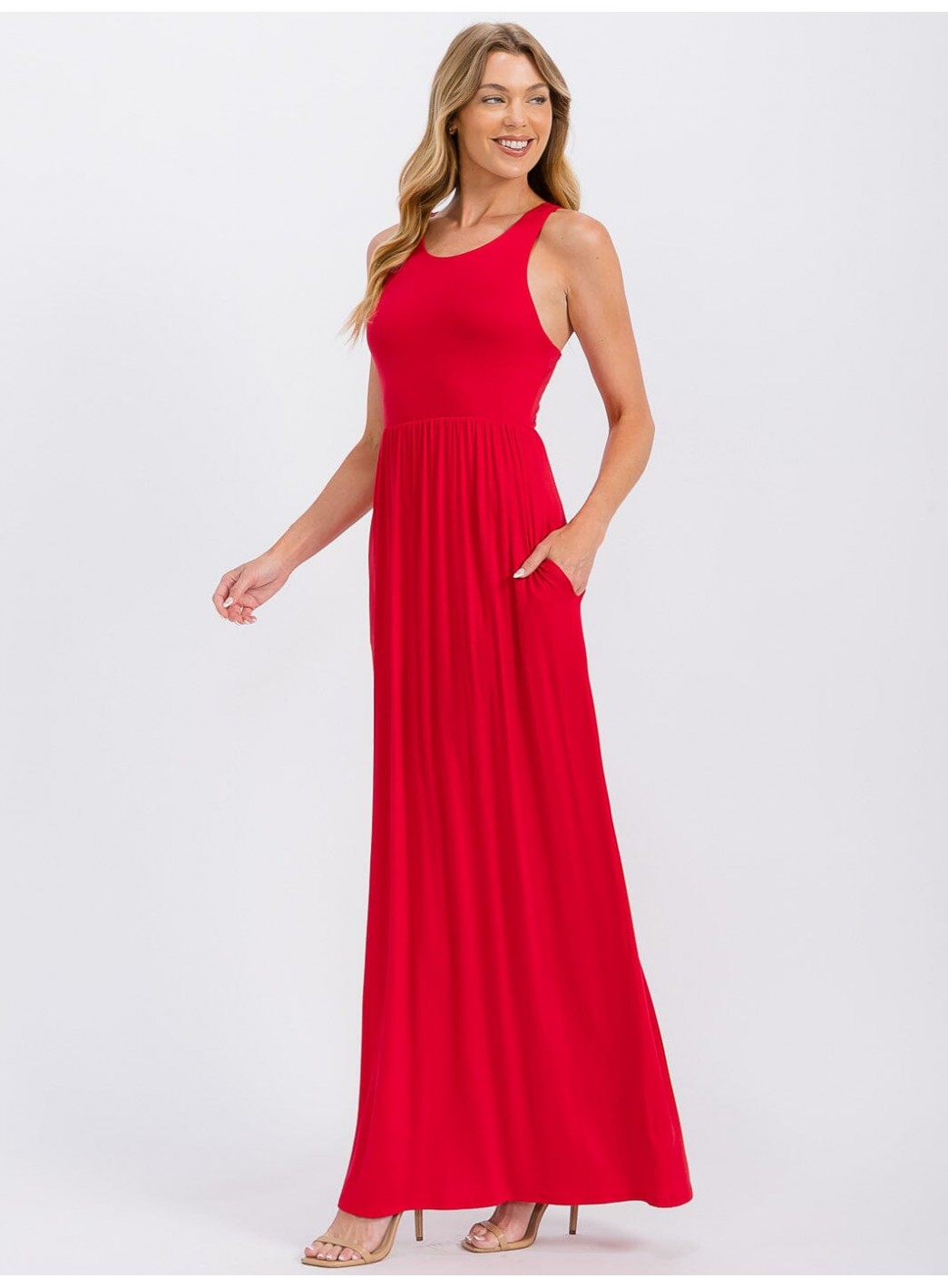 WOMEN'S SLEEVELESS ELASTIC WAIST FRONT POCKETS MAXI DRESS WOMEN'S SLEEVELESS ELASTIC WAIST FRONT POCKETS MAXI DRESS