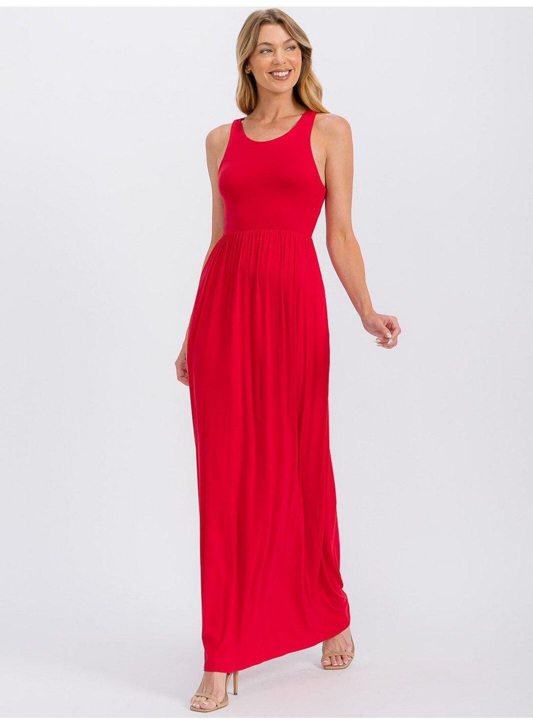 WOMEN'S SLEEVELESS ELASTIC WAIST FRONT POCKETS MAXI DRESS WOMEN'S SLEEVELESS ELASTIC WAIST FRONT POCKETS MAXI DRESS