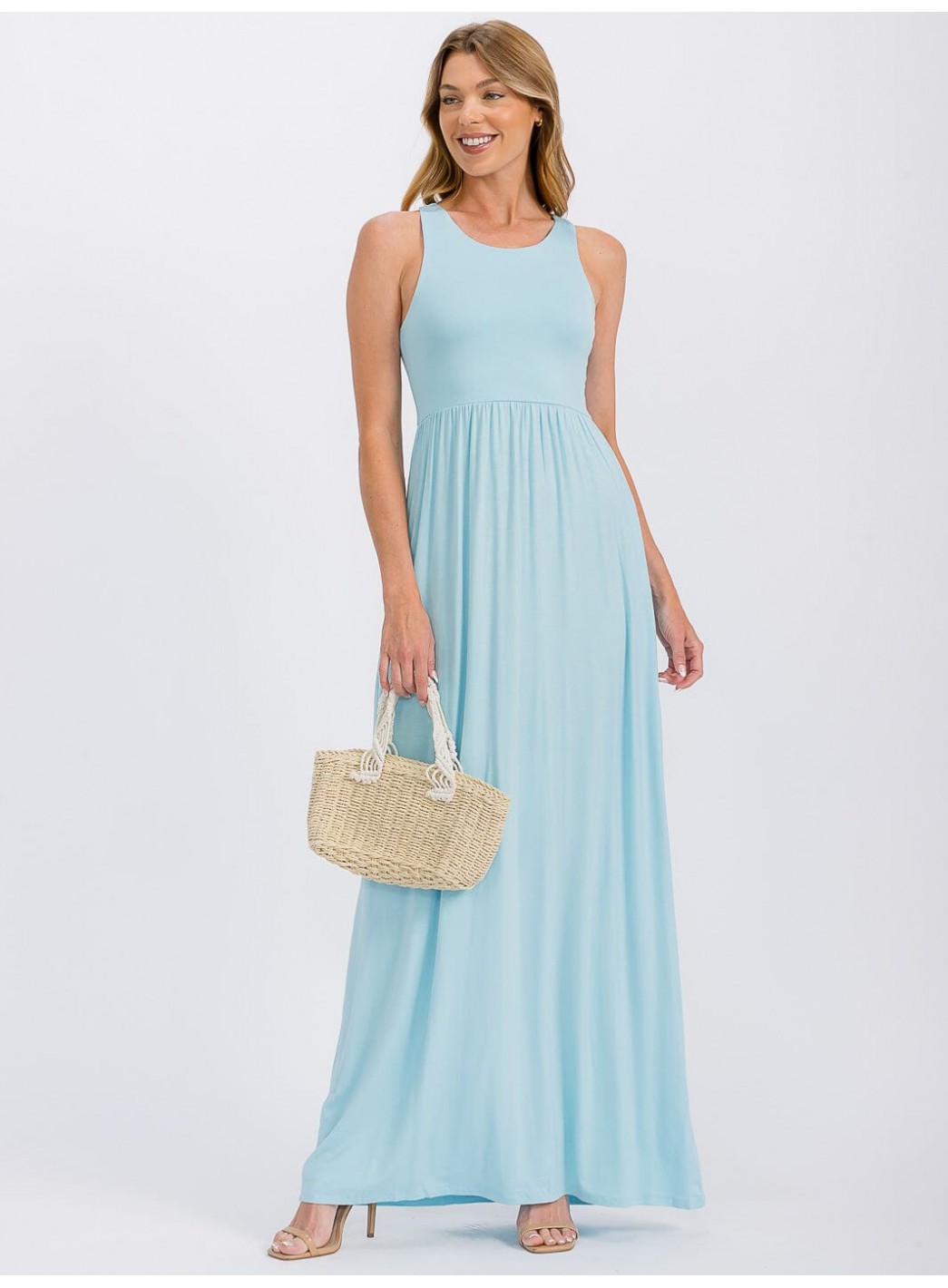 WOMEN'S SLEEVELESS ELASTIC WAIST FRONT POCKETS MAXI DRESS WOMEN'S SLEEVELESS ELASTIC WAIST FRONT POCKETS MAXI DRESS