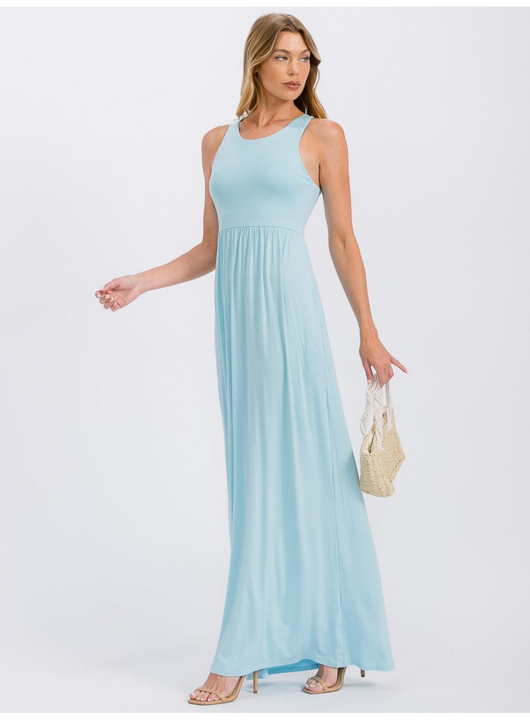 WOMEN'S SLEEVELESS ELASTIC WAIST FRONT POCKETS MAXI DRESS WOMEN'S SLEEVELESS ELASTIC WAIST FRONT POCKETS MAXI DRESS