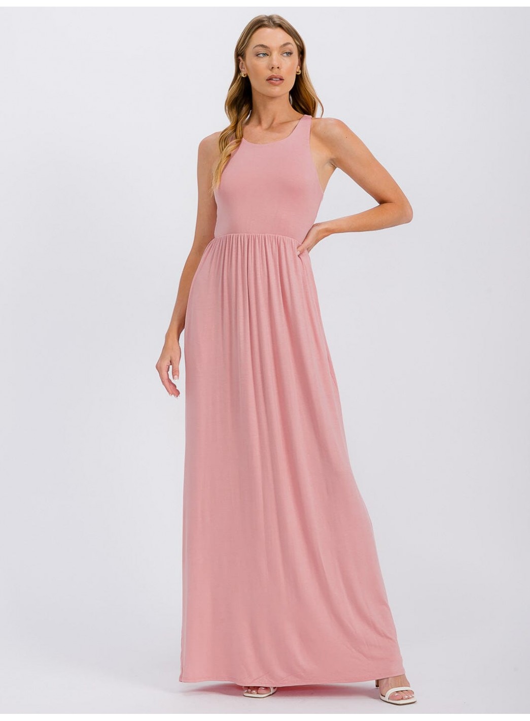 WOMEN'S SLEEVELESS ELASTIC WAIST FRONT POCKETS MAXI DRESS WOMEN'S SLEEVELESS ELASTIC WAIST FRONT POCKETS MAXI DRESS