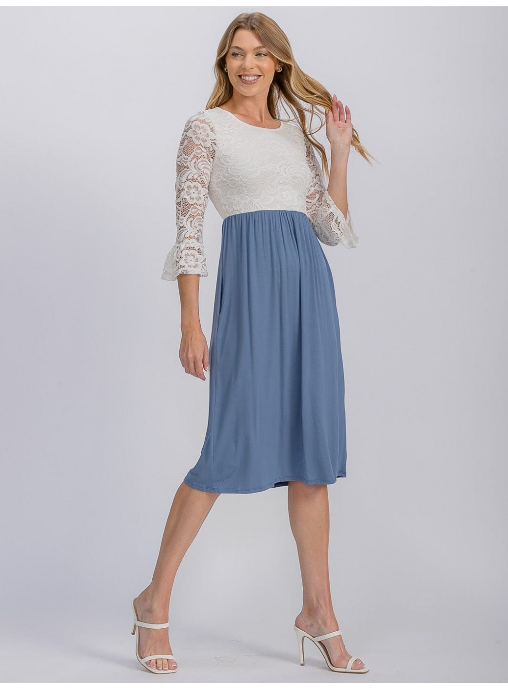 WOMEN'S 3/4 SLEEVE FRONT POCKET LACE CONTRAST DETAILED MIDI DRESS