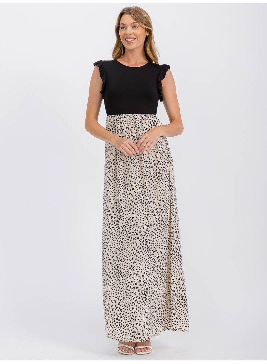 WOMEN'S SLEEVELESS ELASTIC WAIST RUFFLE ANIMAL PRINT CONTRAST MAXI DRESS