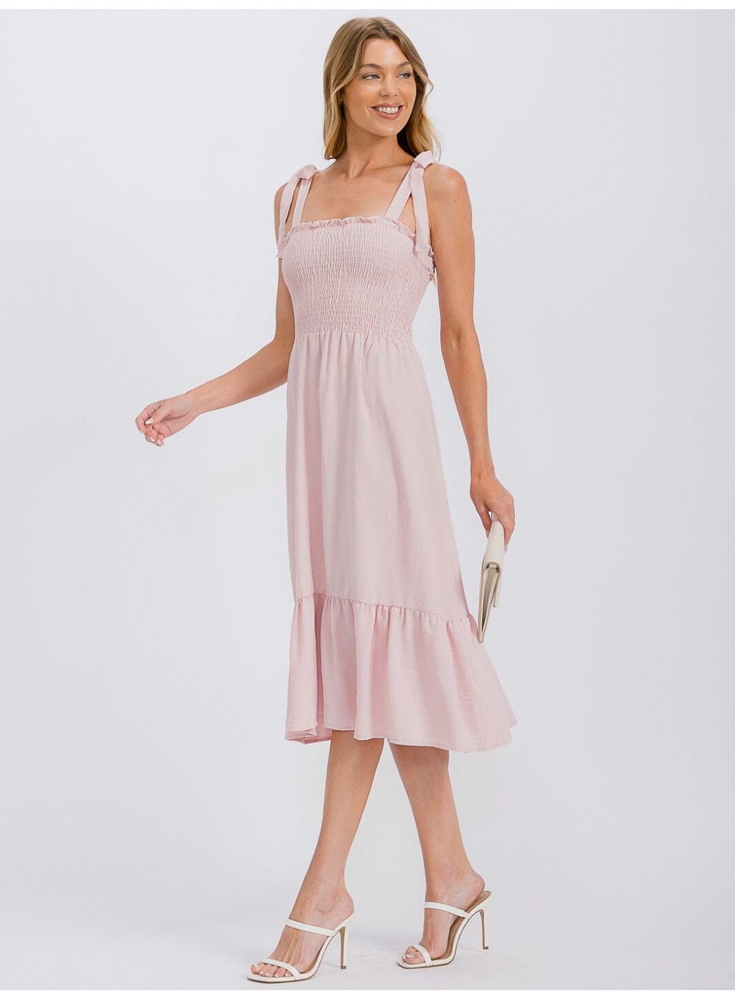 WOMEN'S SLEEVELESS ADJUSTABLE STRAPS SMOCK RUFFLE BOTTOM HEM MIDI DRESS