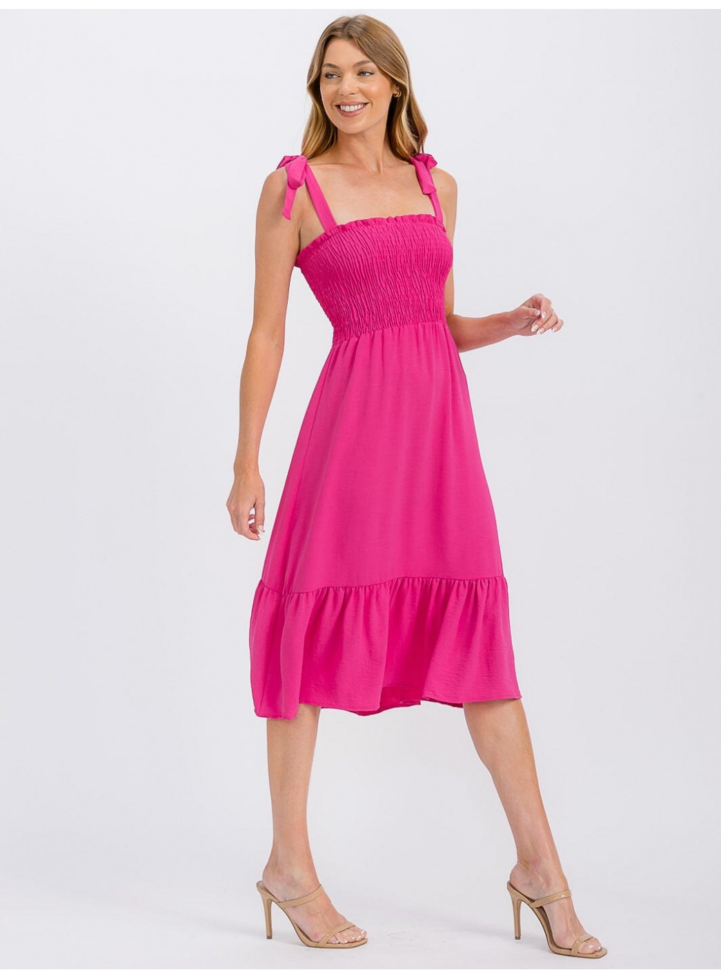 WOMEN'S SLEEVELESS ADJUSTABLE STRAPS SMOCK RUFFLE BOTTOM HEM MIDI DRESS