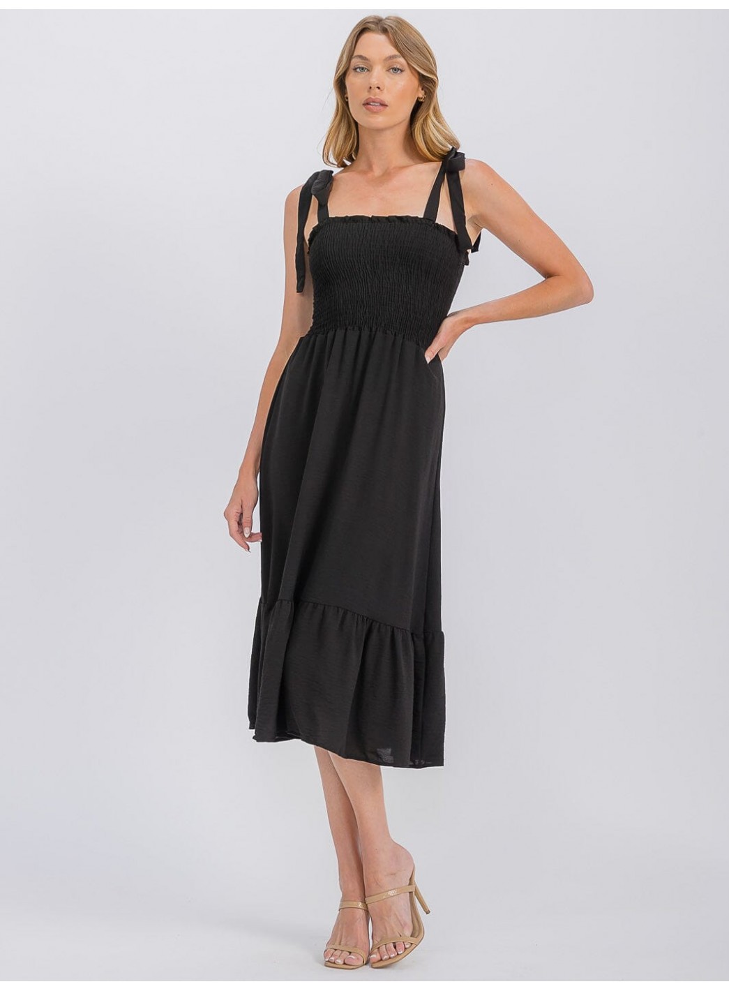 WOMEN'S SLEEVELESS ADJUSTABLE STRAPS SMOCK RUFFLE BOTTOM HEM MIDI DRESS