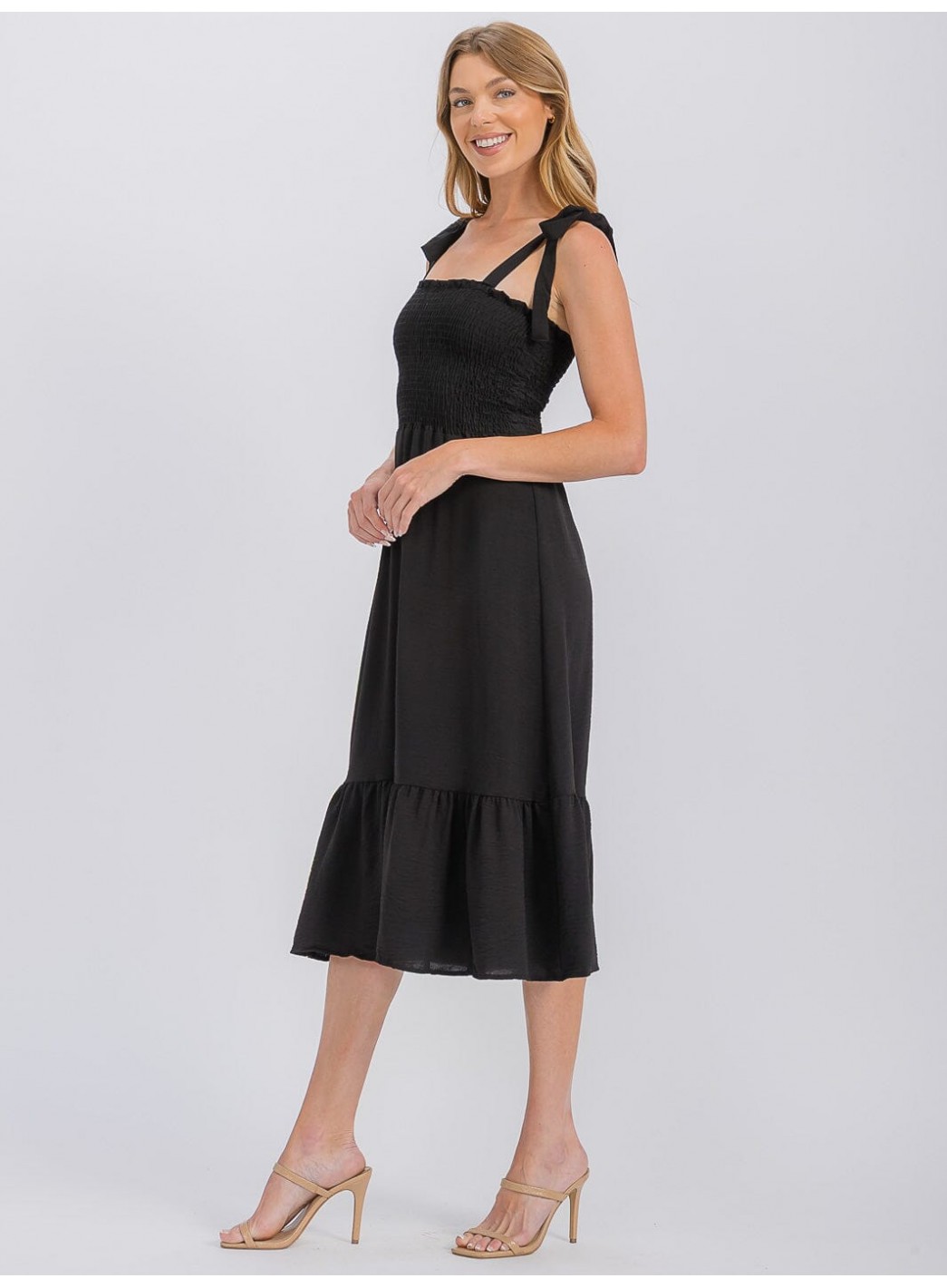 WOMEN'S SLEEVELESS ADJUSTABLE STRAPS SMOCK RUFFLE BOTTOM HEM MIDI DRESS