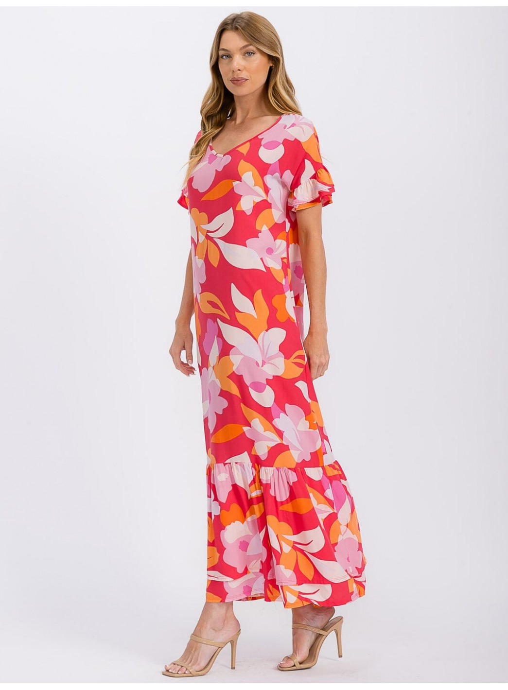 WOMEN'S SHORT SLEEVE V-NECK LOOSE FIT FLORAL MAXI DRESS