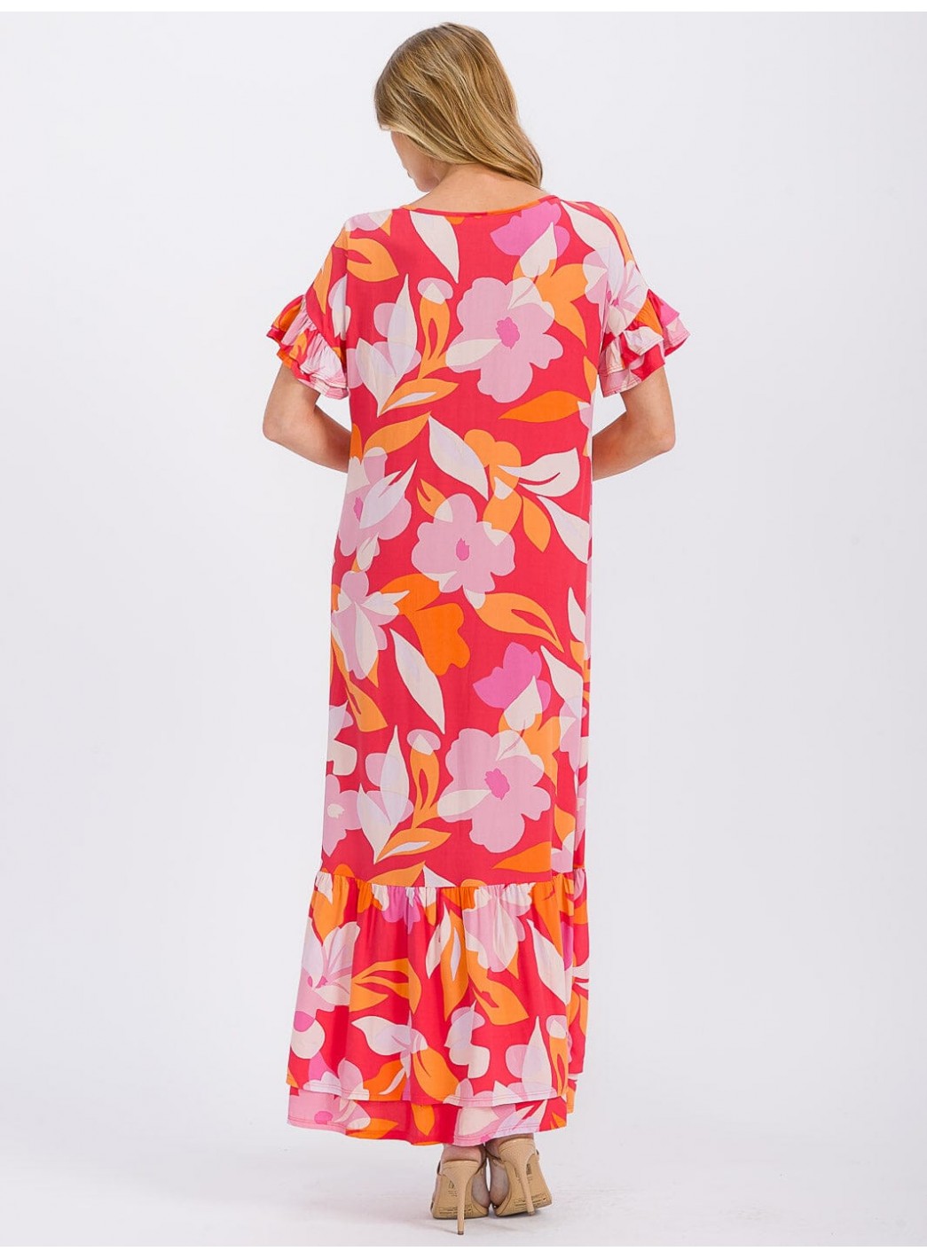 WOMEN'S SHORT SLEEVE V-NECK LOOSE FIT FLORAL MAXI DRESS