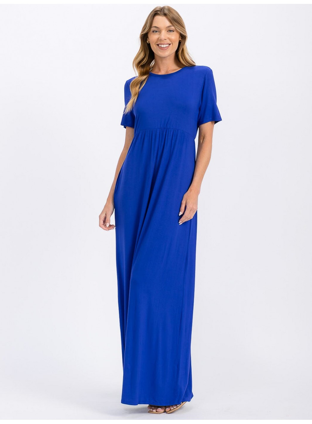 WOMEN'S SHORT SLEEVE ELASTIC WAIST FRONT POCKETS MAXI DRESS