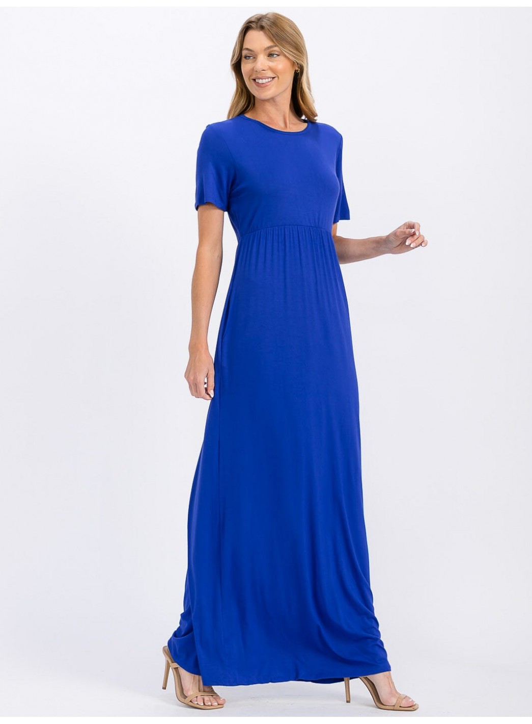 WOMEN'S SHORT SLEEVE ELASTIC WAIST FRONT POCKETS MAXI DRESS