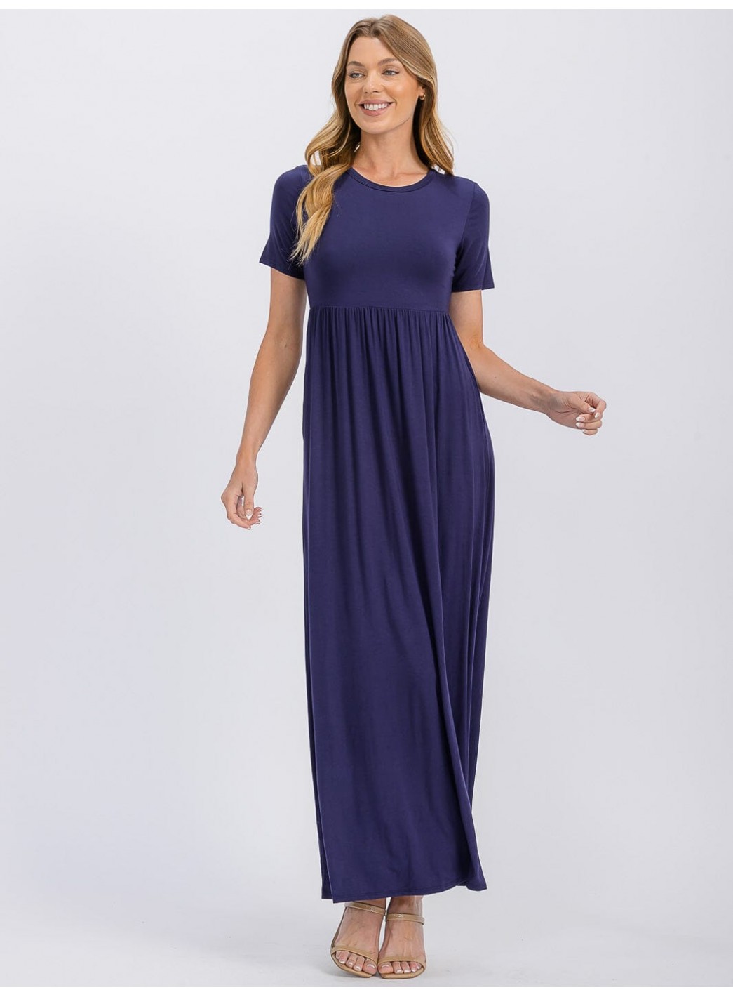 WOMEN'S SHORT SLEEVE ELASTIC WAIST FRONT POCKETS MAXI DRESS