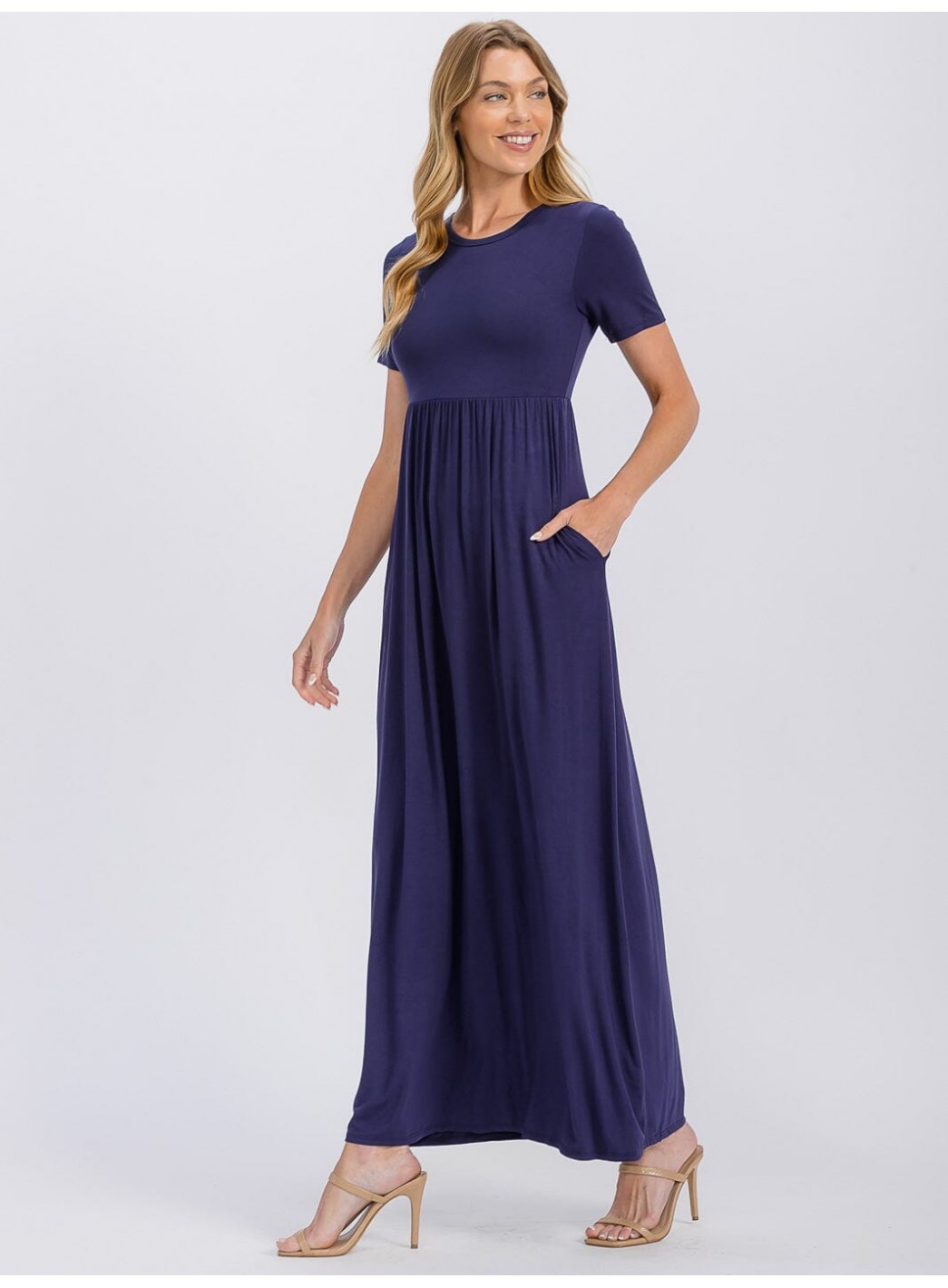WOMEN'S SHORT SLEEVE ELASTIC WAIST FRONT POCKETS MAXI DRESS