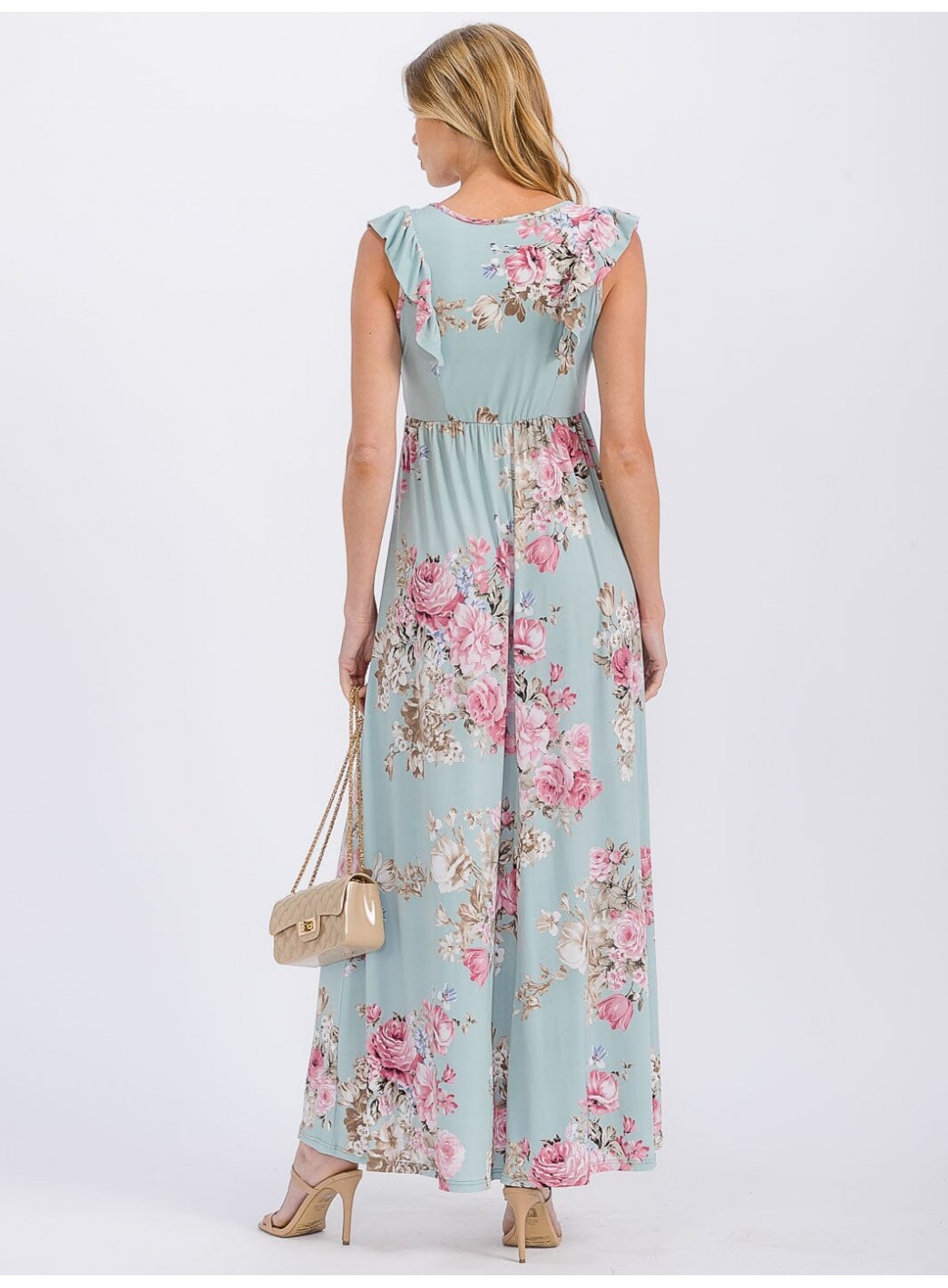 WOMEN'S SLEEVELESS RUFFLE DETAILED ELASTIC WAIST FLORAL MAXI DRESS