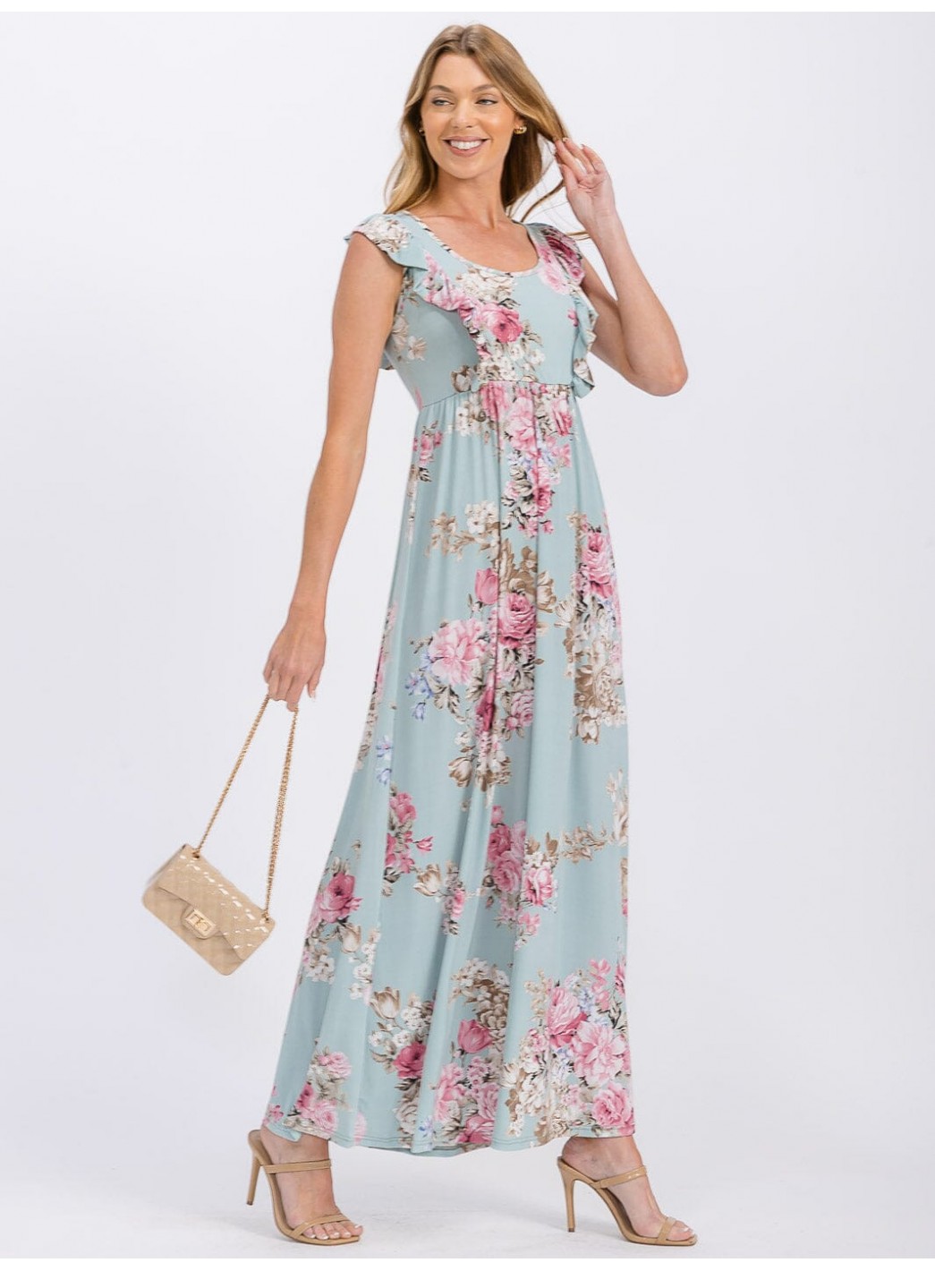 WOMEN'S SLEEVELESS RUFFLE DETAILED ELASTIC WAIST FLORAL MAXI DRESS
