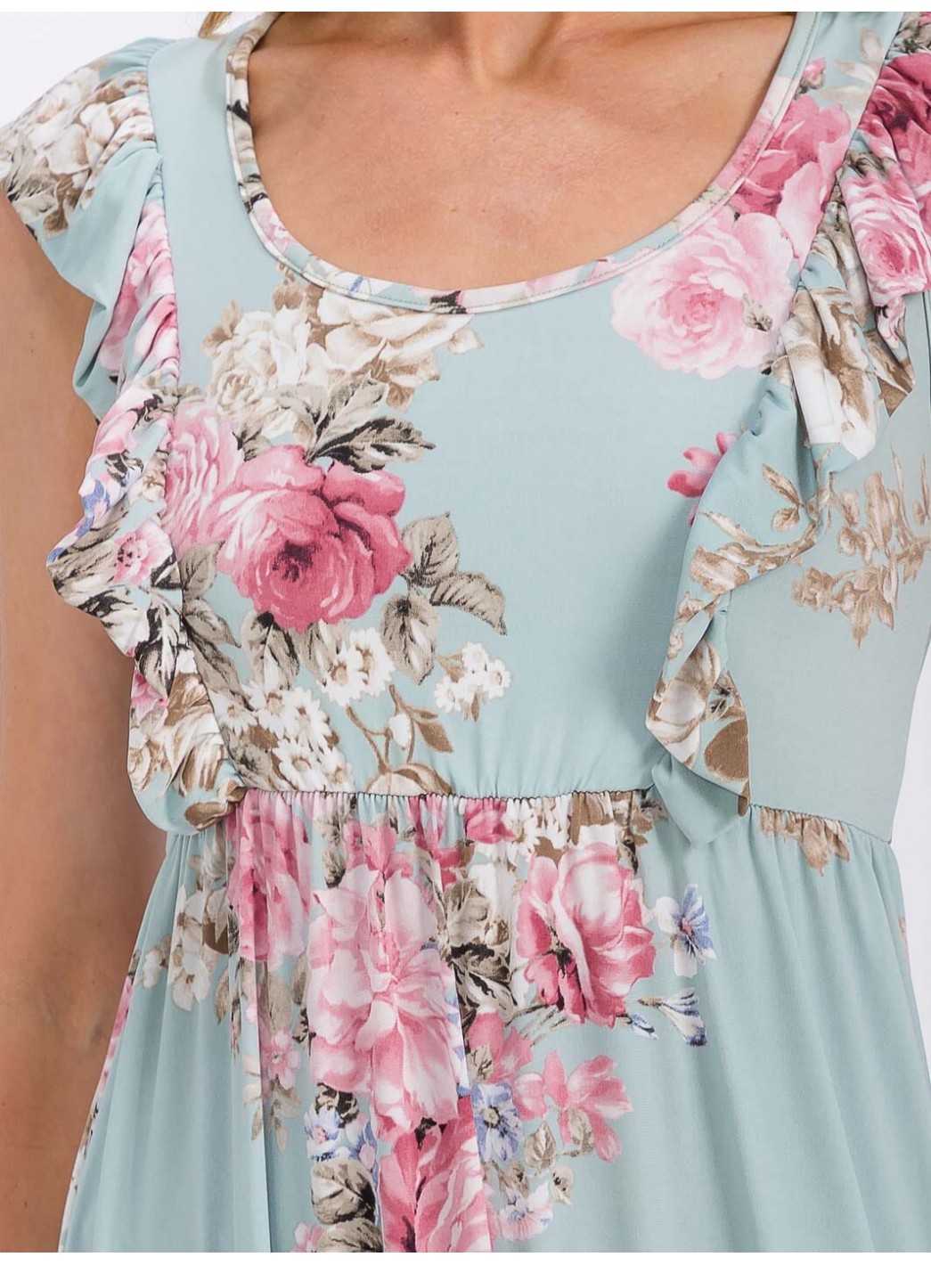 WOMEN'S SLEEVELESS RUFFLE DETAILED ELASTIC WAIST FLORAL MAXI DRESS