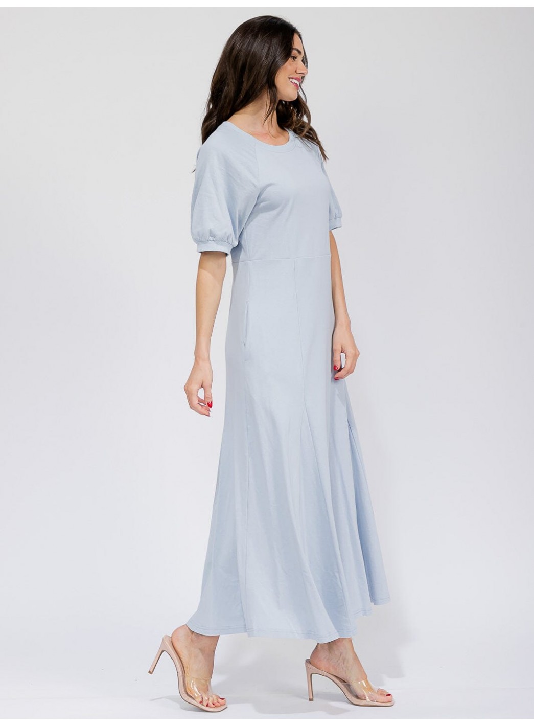 WOMEN'S SHORT SLEEVE FRONT POCKETS SOLID MAXI DRESS