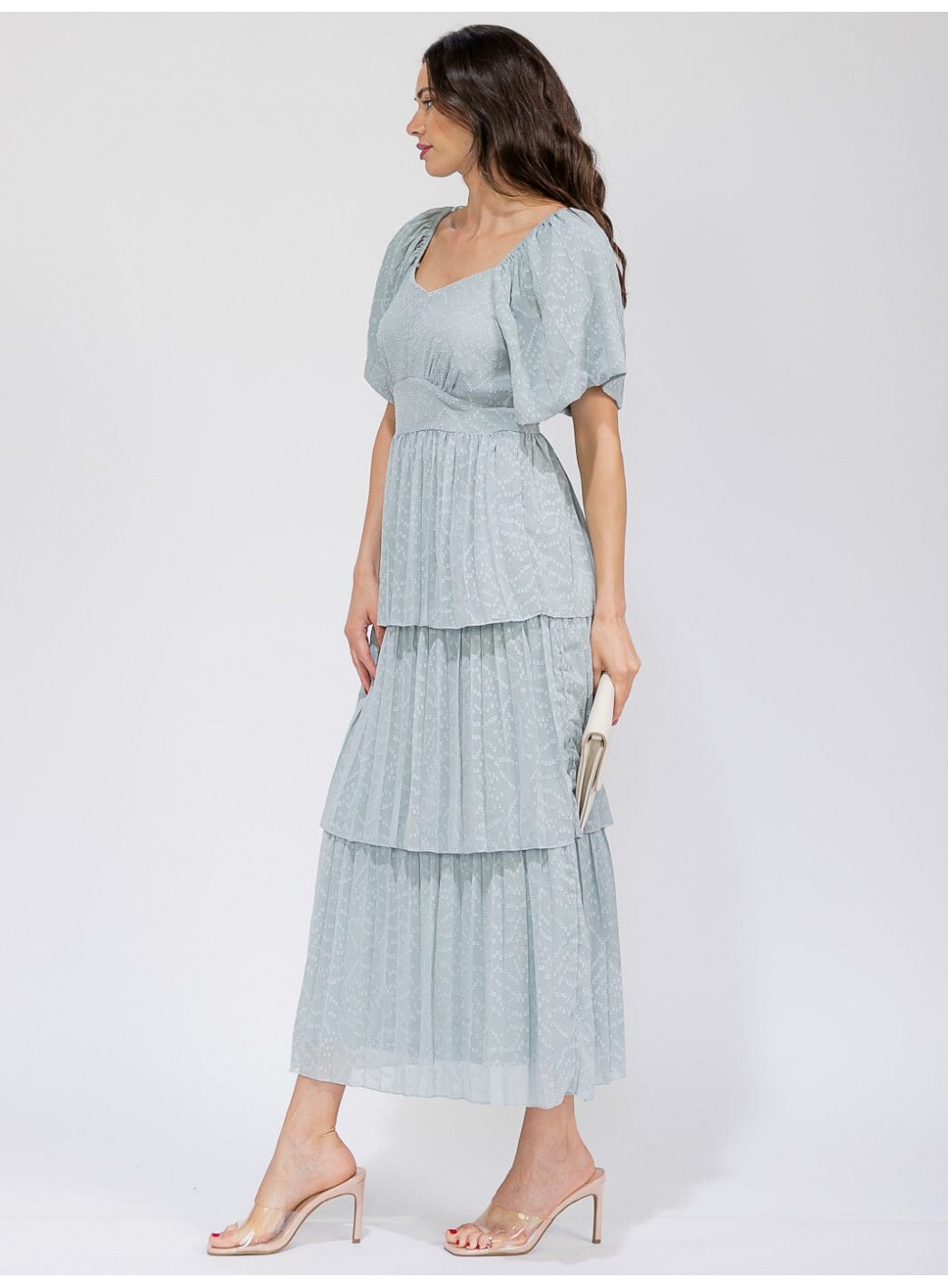 WOMEN'S SHORT SLEEVE V-NECK SWISS RUFFLE TIERED MAXI DRESS