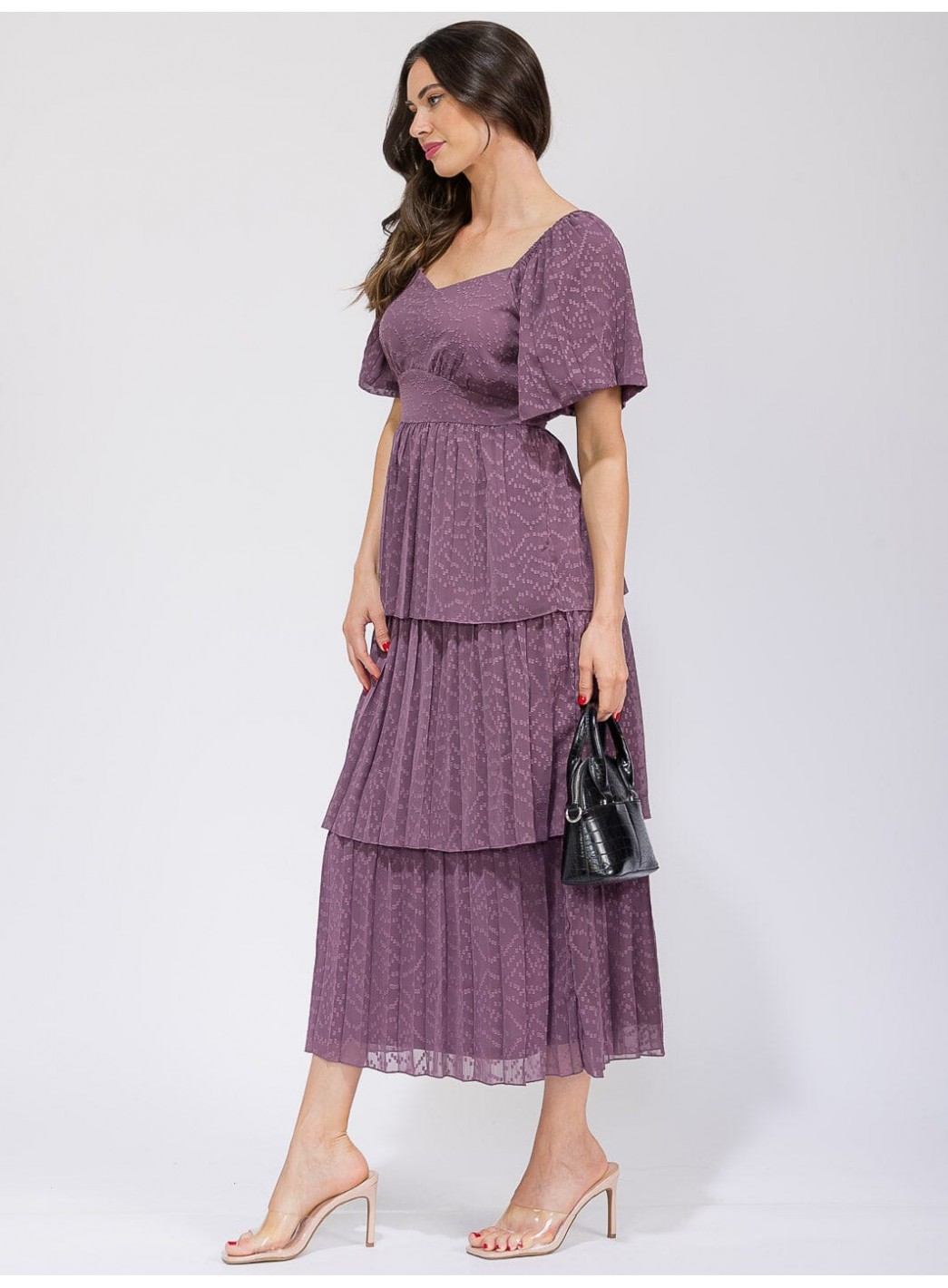 WOMEN'S SHORT SLEEVE V-NECK SWISS RUFFLE TIERED MAXI DRESS