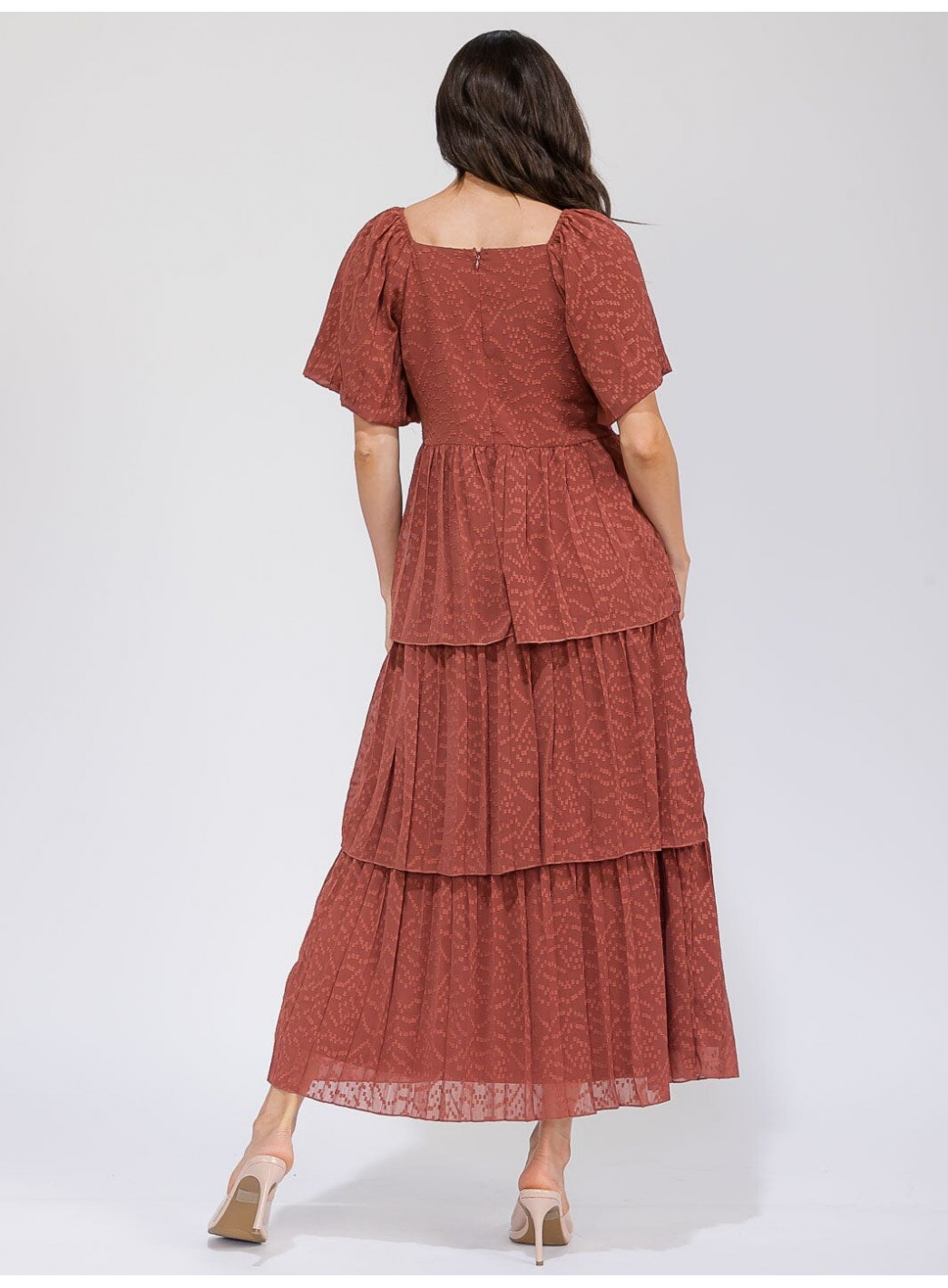 WOMEN'S SHORT SLEEVE V-NECK SWISS RUFFLE TIERED MAXI DRESS