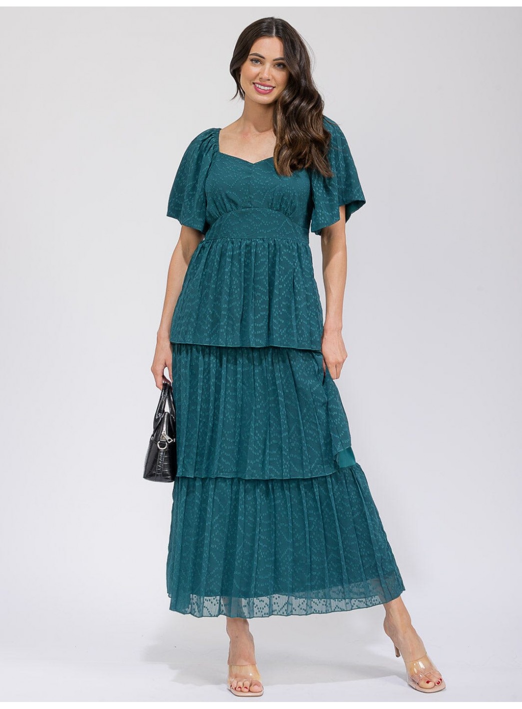 WOMEN'S SHORT SLEEVE V-NECK SWISS RUFFLE TIERED MAXI DRESS