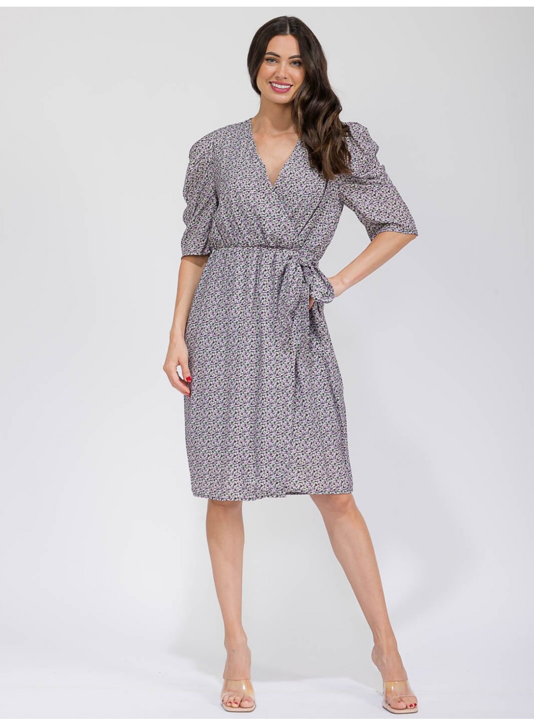 WOMEN'S SHORT SLEEVE SURPLICE SELF TIE FLORAL MIDI DRESS