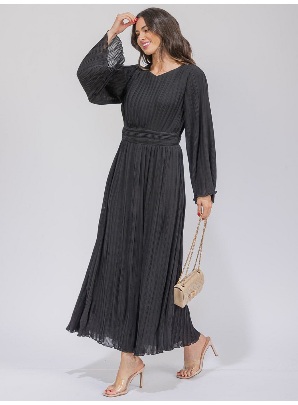 WOMEN'S LONG BELL SLEEVE V-NECK PLEATED MAXI DRESS