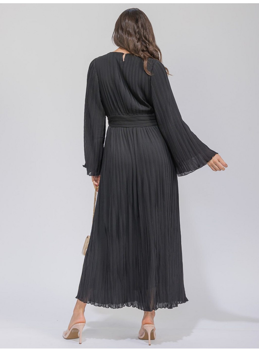WOMEN'S LONG BELL SLEEVE V-NECK PLEATED MAXI DRESS