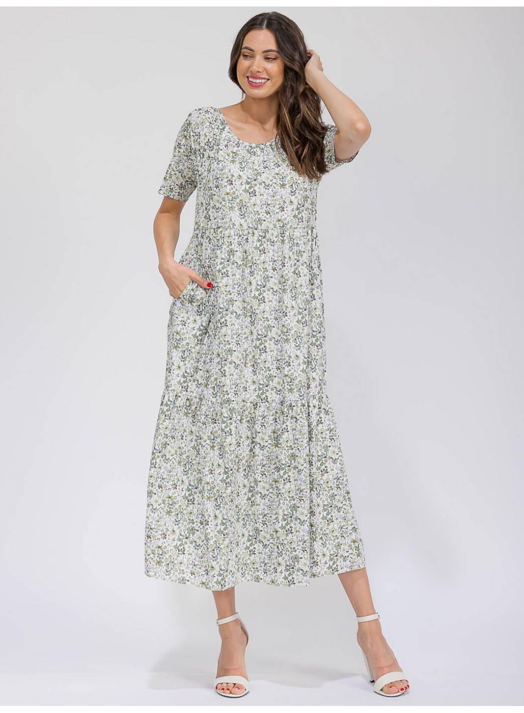 WOMEN'S SHORT SLEEVE V-NECK POCKETS TIERED FLORAL MAXI DRESS WOMEN'S SHORT SLEEVE V-NECK POCKETS TIERED FLORAL MAXI DRESS