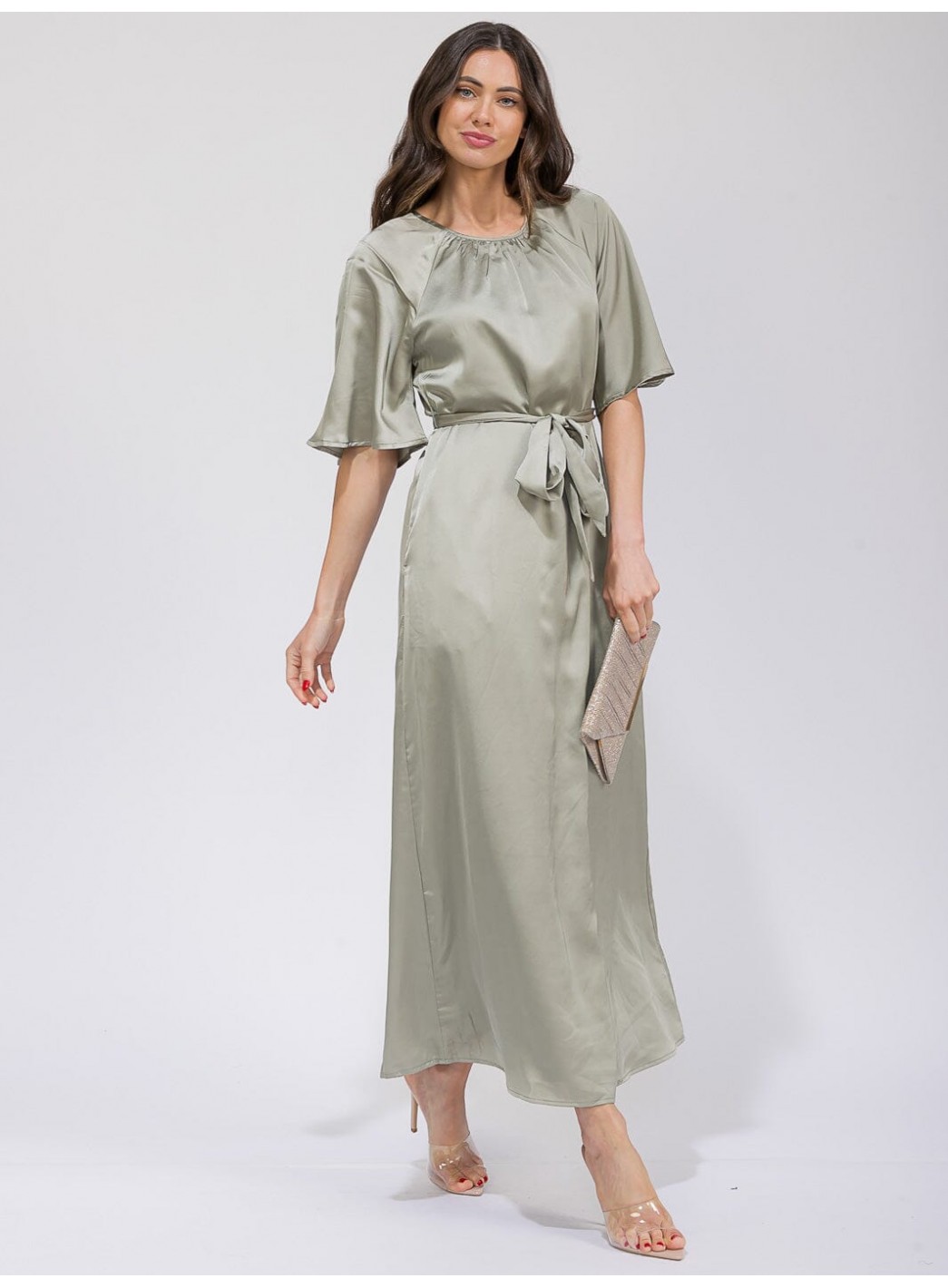 WOMEN'S SHORT SLEEVE POCKETS SEKF TIE SATIN MAXI DRESS