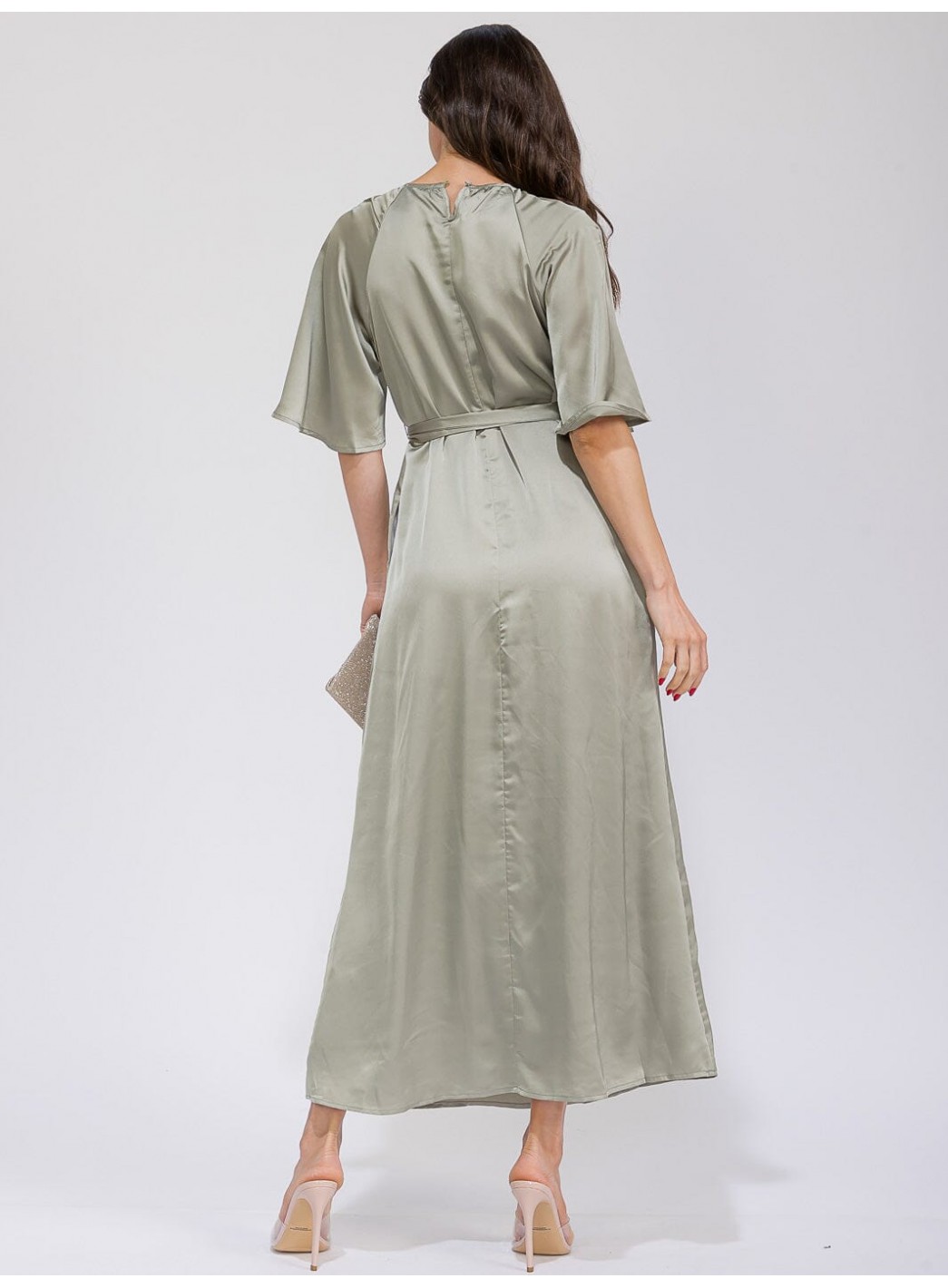 WOMEN'S SHORT SLEEVE POCKETS SEKF TIE SATIN MAXI DRESS