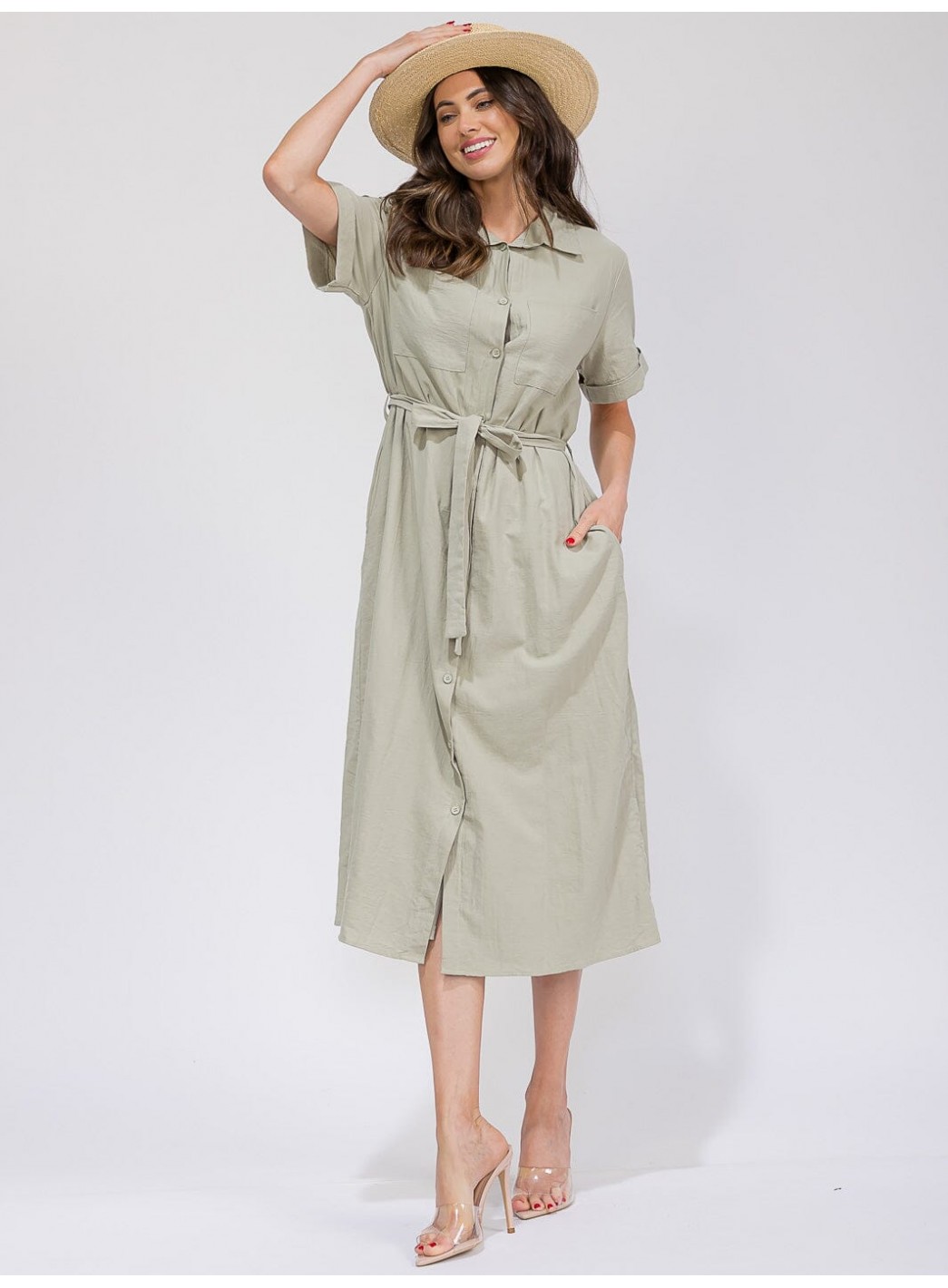 WOMEN'S SHORT SLEEVES BUTTON UP SELF TIE...