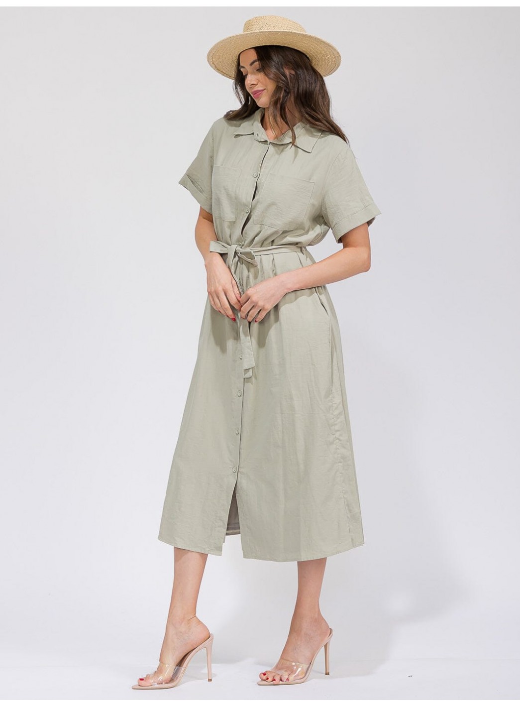 WOMEN'S SHORT SLEEVES BUTTON UP SELF TIE POCKETS MAXI DRESS