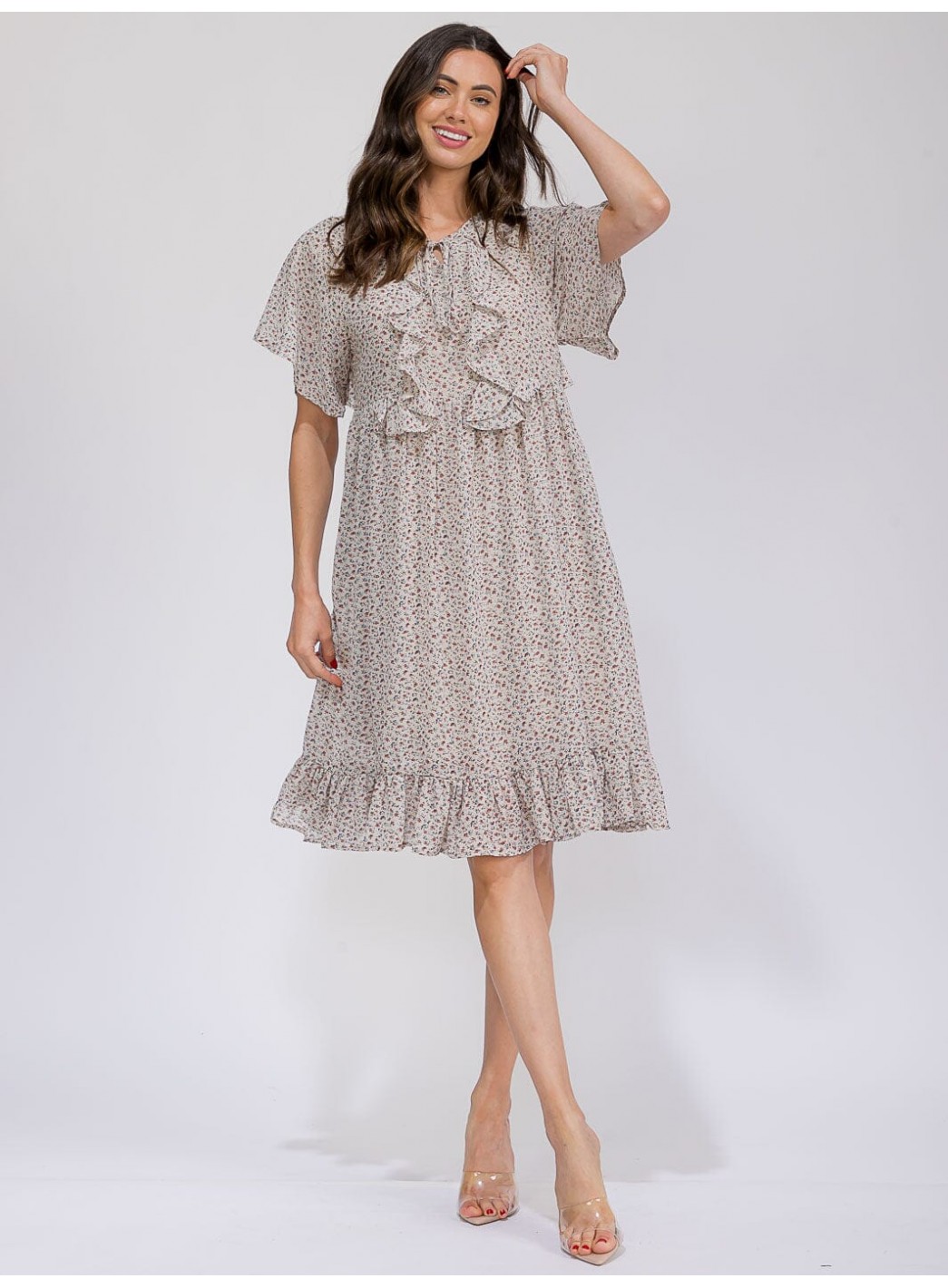 WOMEN'S SHORT SLEEVE FRONT POCKETS V-NECK RUFFLE FLORAL MIDI DRESS