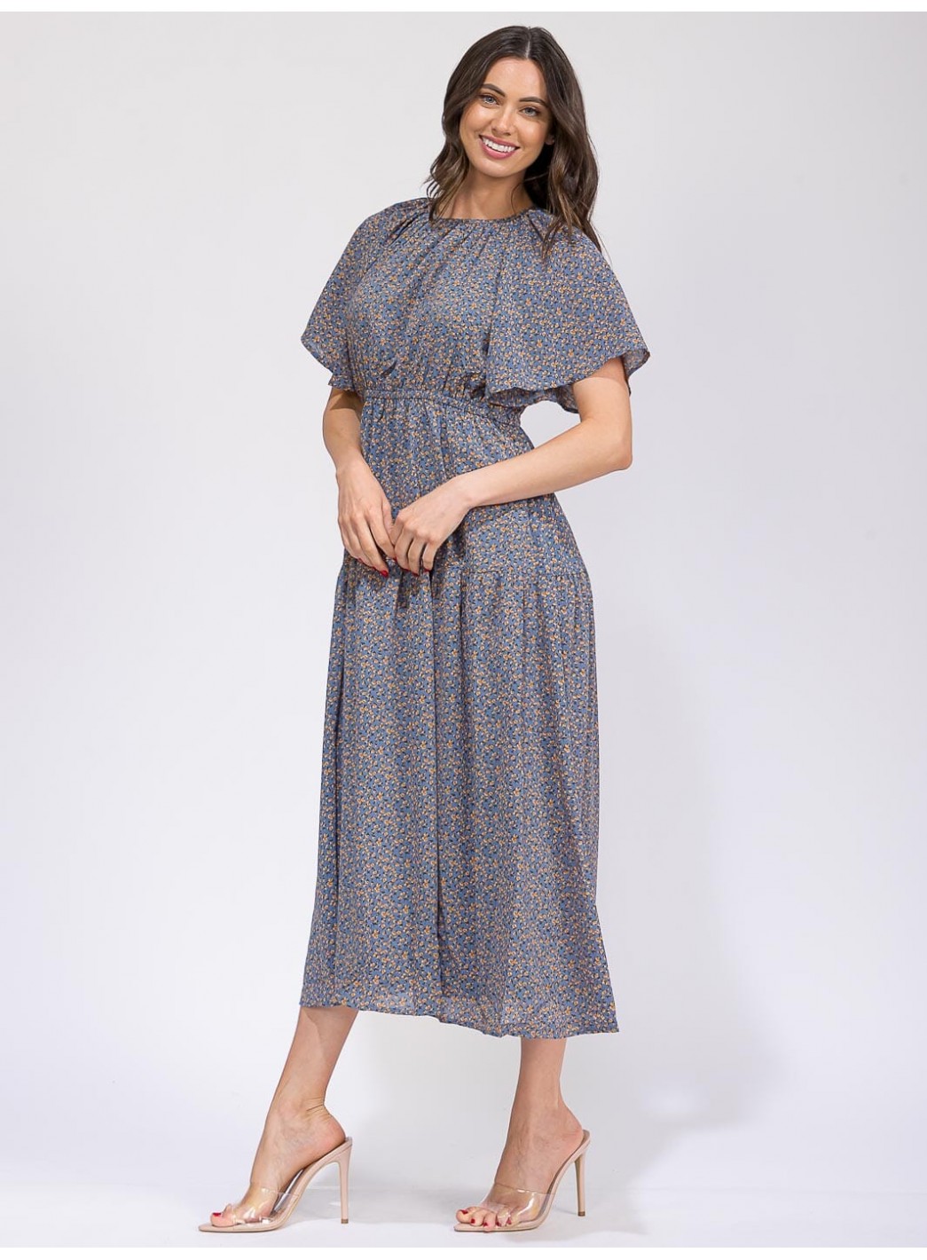 WOMEN'S SHORT SLEEVE ELASTIC WAIST FRONT POCKET FLORAL MAXI DRESS