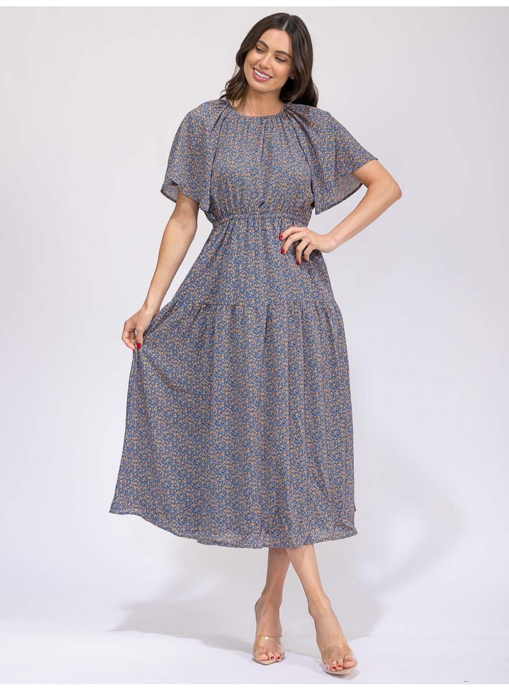 WOMEN'S SHORT SLEEVE ELASTIC WAIST FRONT POCKET FLORAL MAXI DRESS