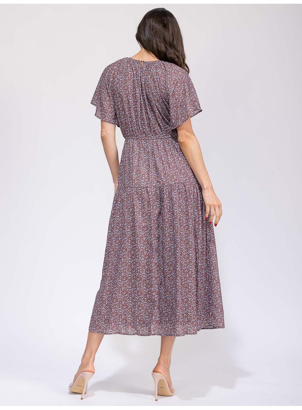 WOMEN'S SHORT SLEEVE ELASTIC WAIST FRONT POCKET FLORAL MAXI DRESS