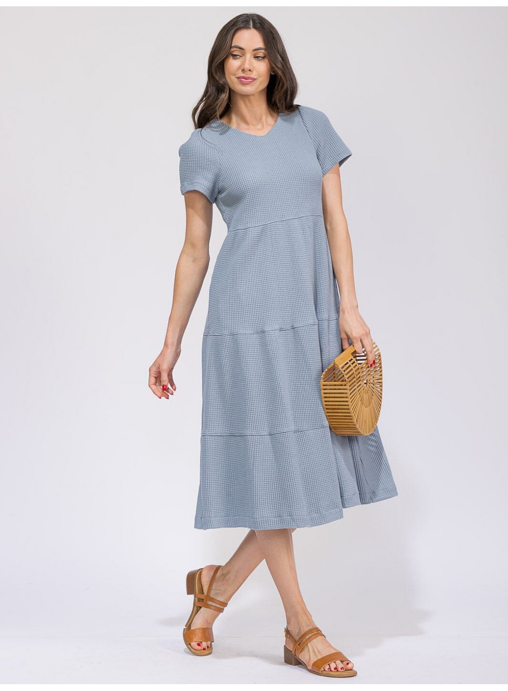 WOMEN'S SHORT SLEEVE FRONT POCKETS TIERED WAFFLE MIDI DRESS