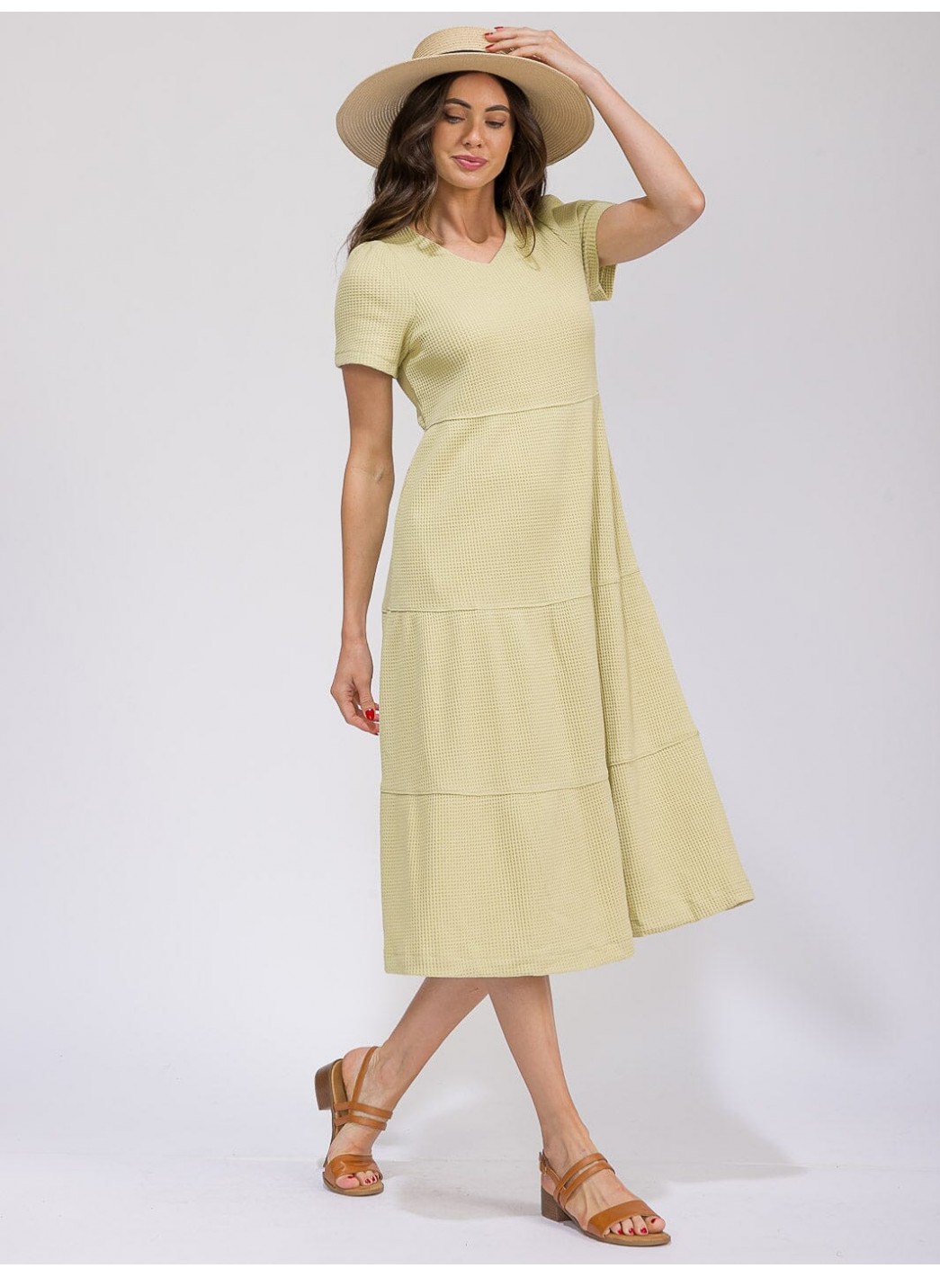 WOMEN'S SHORT SLEEVE FRONT POCKETS TIERED WAFFLE MIDI DRESS