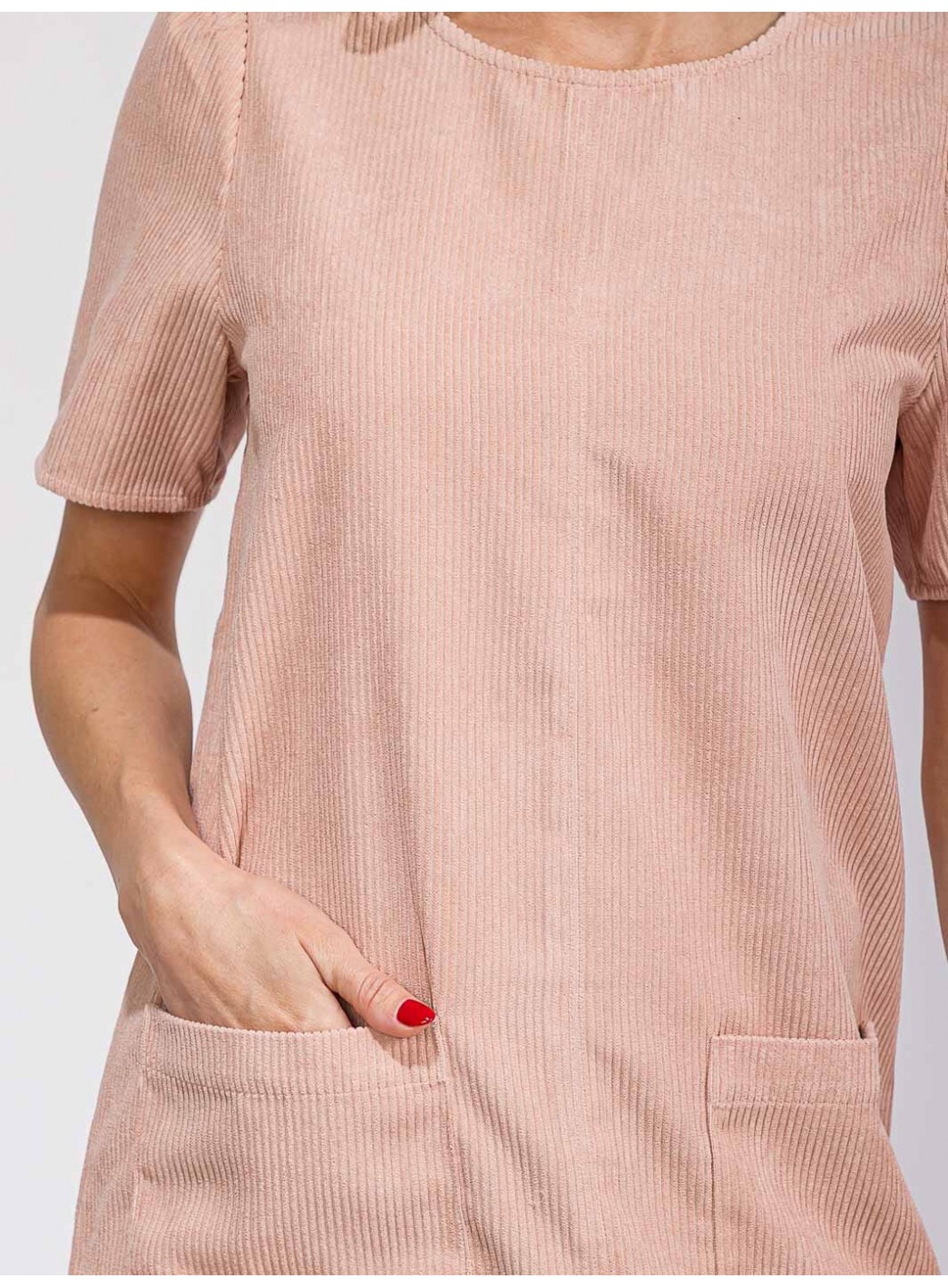 WOMEN'S SHORT SLEEVE FRONT POCKETS RIBBED MIDI DRESS