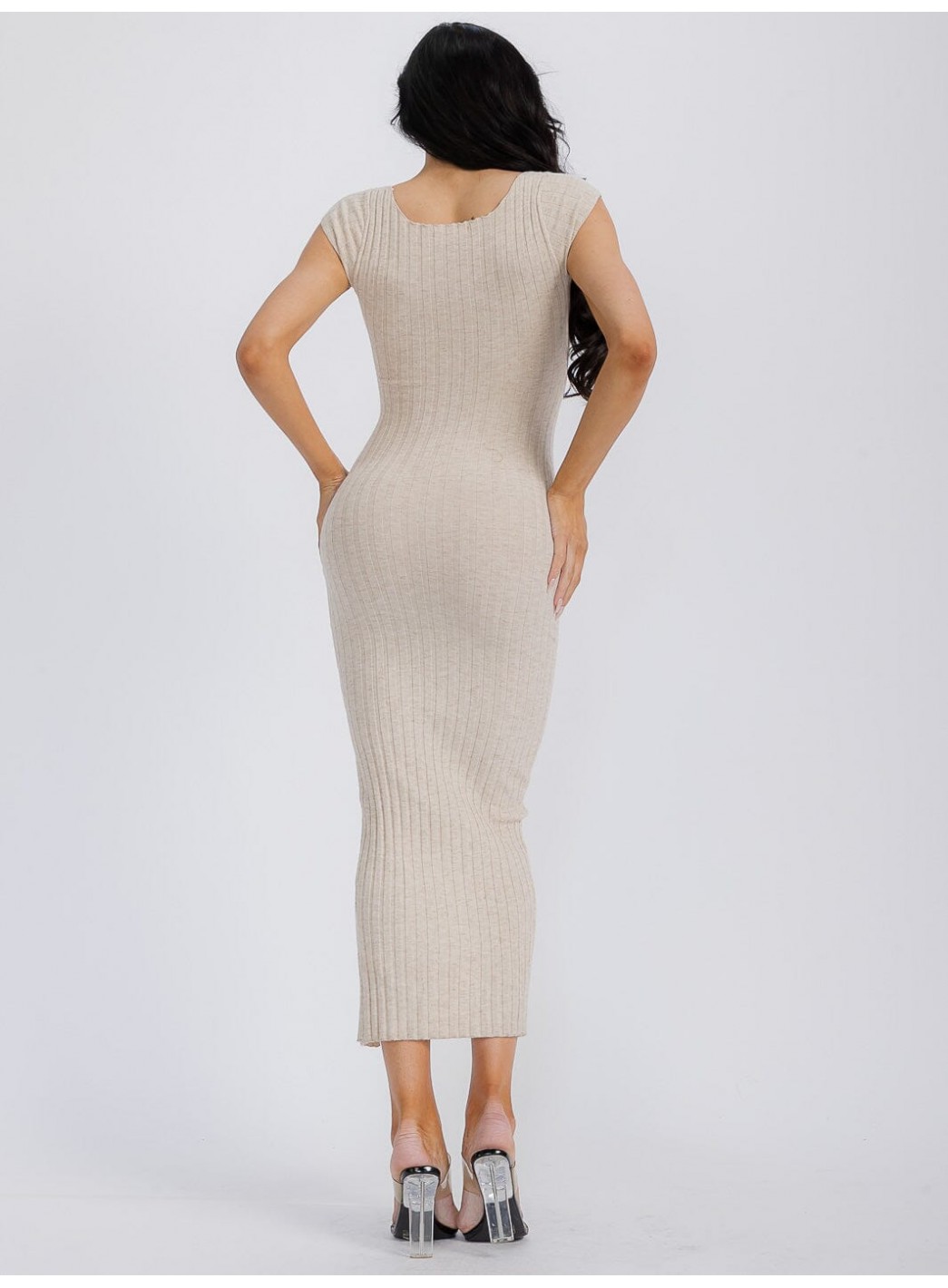 WOMEN'S SLEEVELESS V-NECK RIBBED FRONT SLIT BODYCON MAXI DRESS