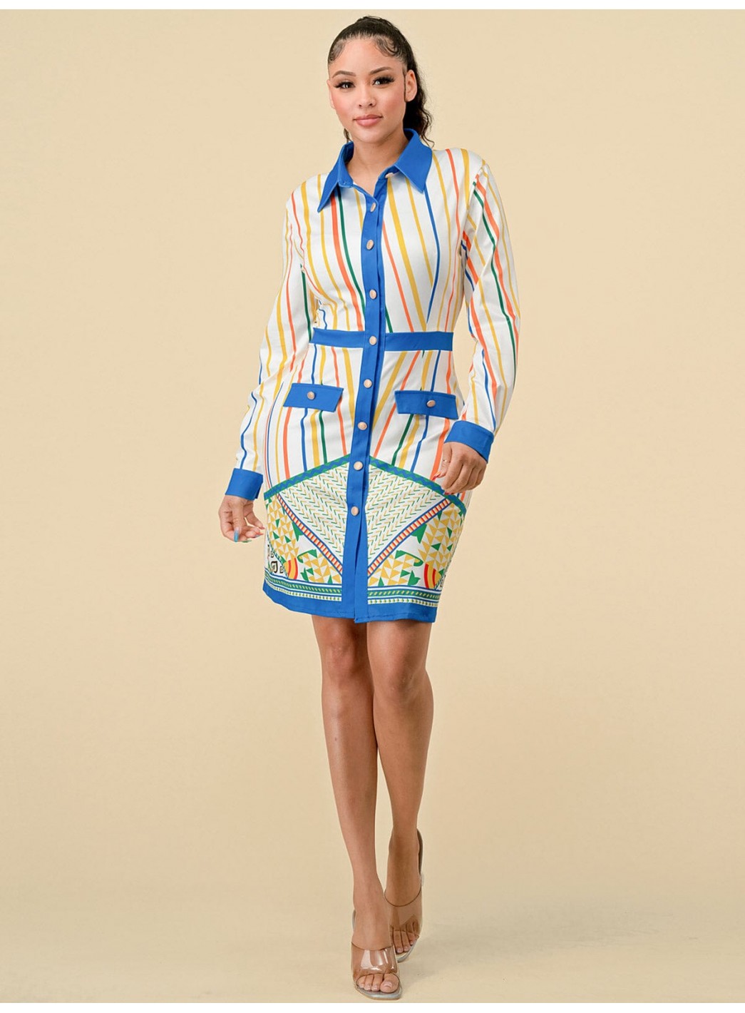 WOMEN'S LONG SLEEVES BUTTON UP MULTI PRINT MINI DRESS