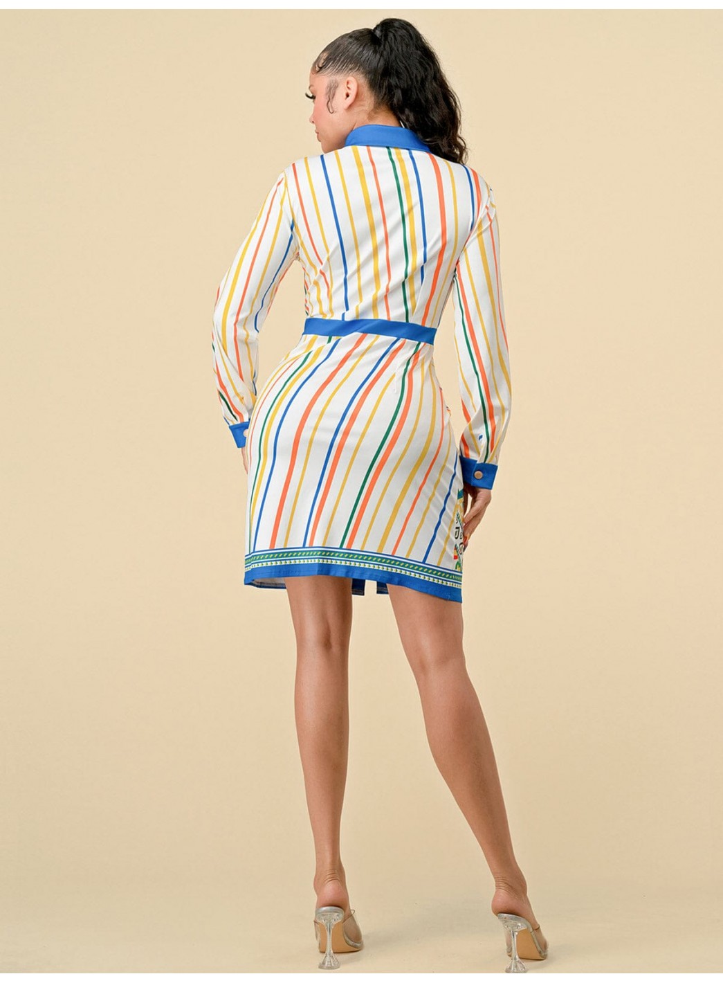 WOMEN'S LONG SLEEVES BUTTON UP MULTI PRINT MINI DRESS