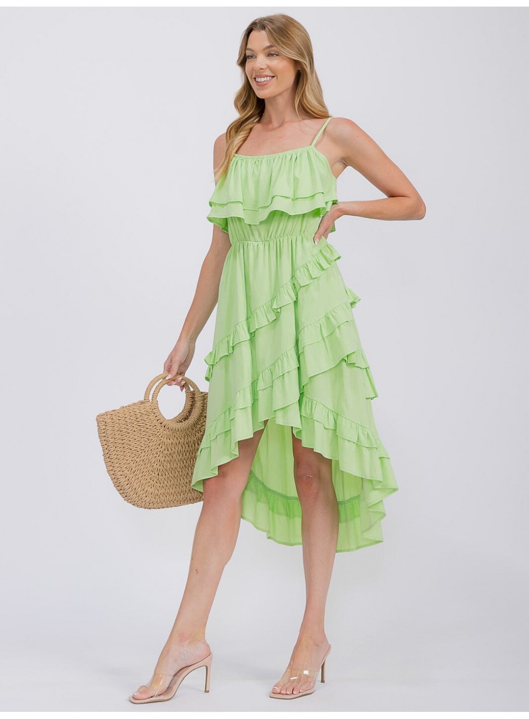 WOMEN'S SLEEVELESS RUFFLE TIERED HIGH-LOW MIDI DRESS