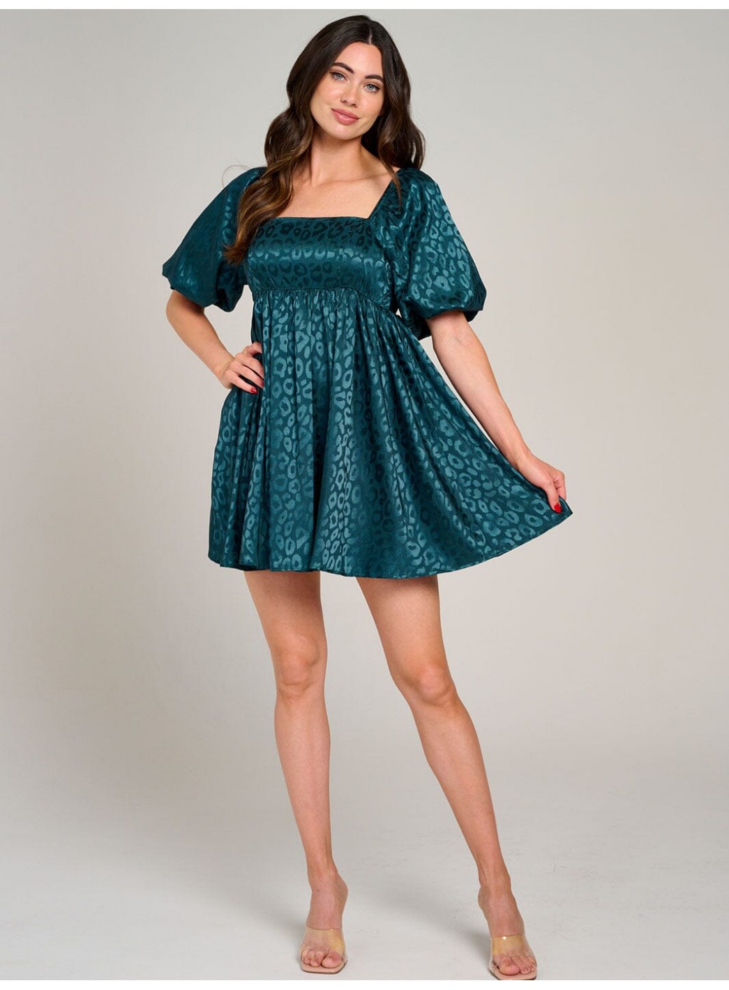 WOMEN'S SHORT PUFF SLEEVE SQUARE NECK FIT & FLARE MINI DRESS