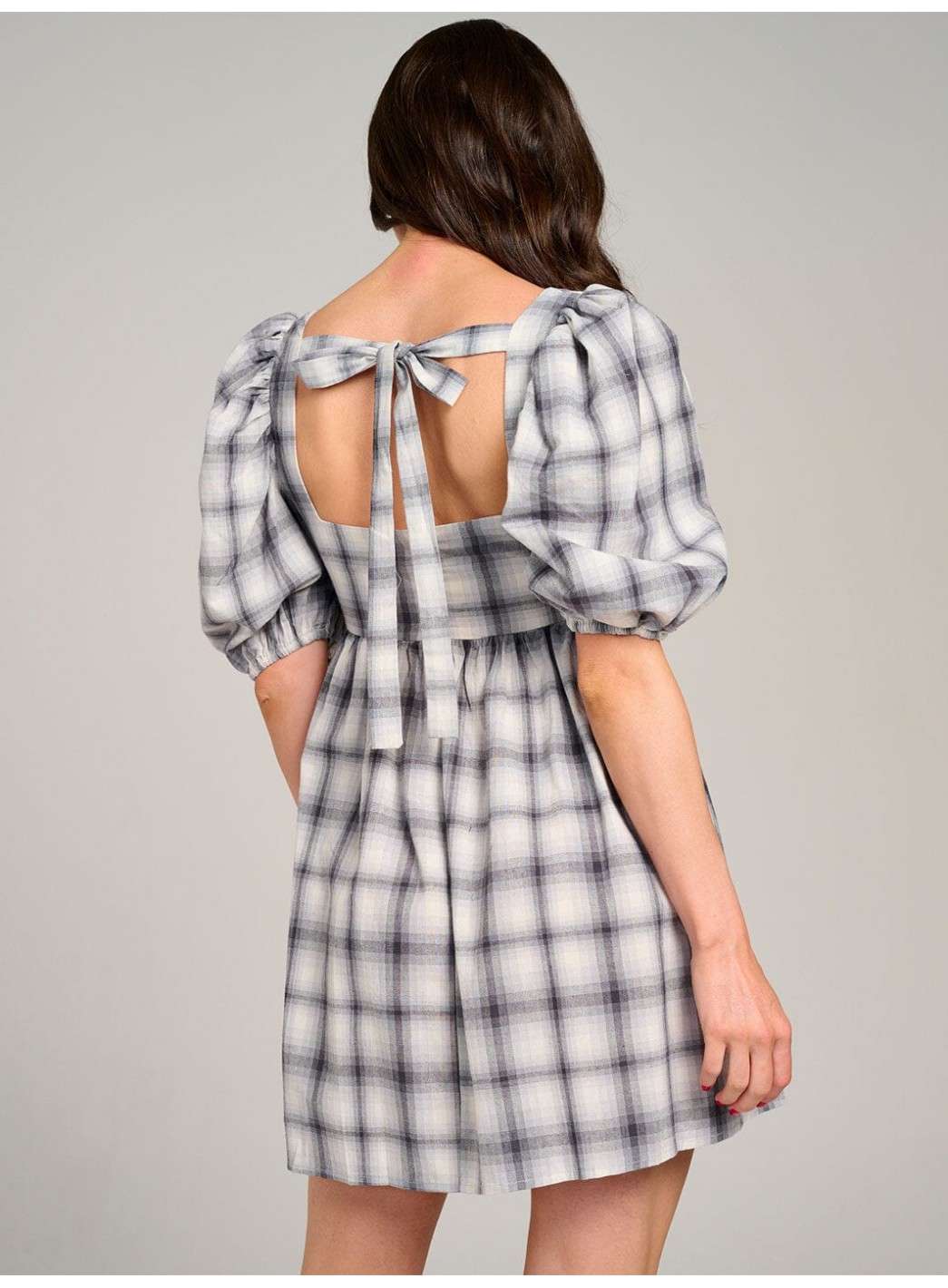 WOMEN'S SHORT PUFF SLEEVE OPEN BACK COLORBLOCK PLAID MINI DRESS